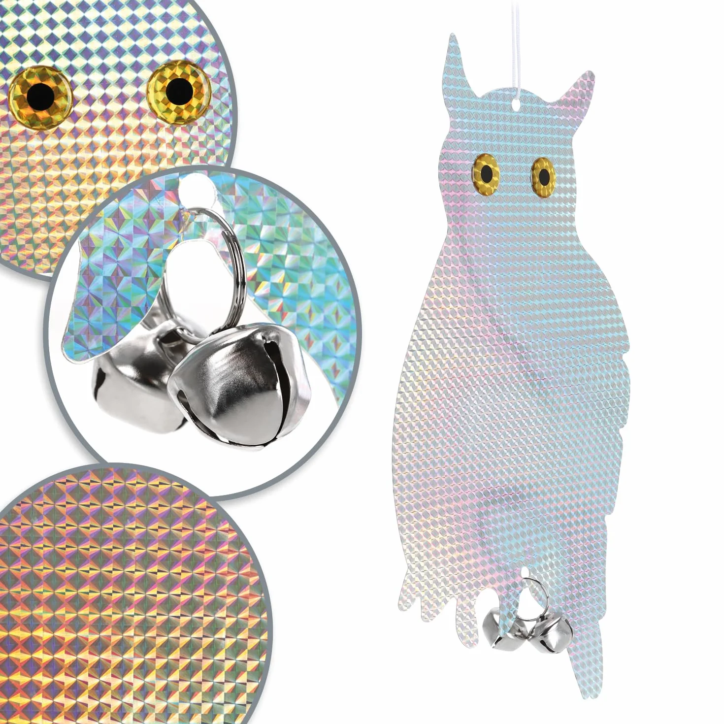 COM-FOUR® 2X Chouette factice effaroucheur d'oiseaux - Oiseau de Proie Artificiel avec Clochette et Feuille réfléchissante