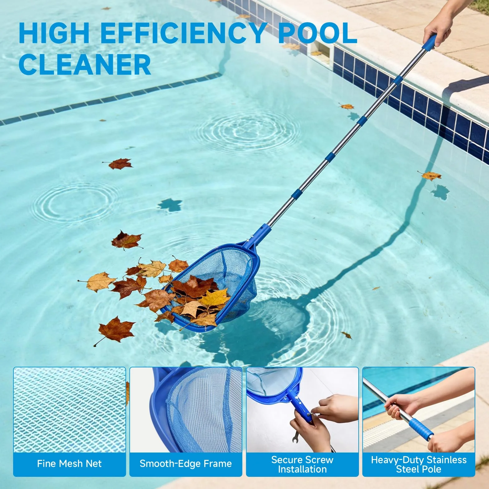 Épuisette Piscine 185cm Tige Télescopique Kit Nettoyage Brosse Serviette