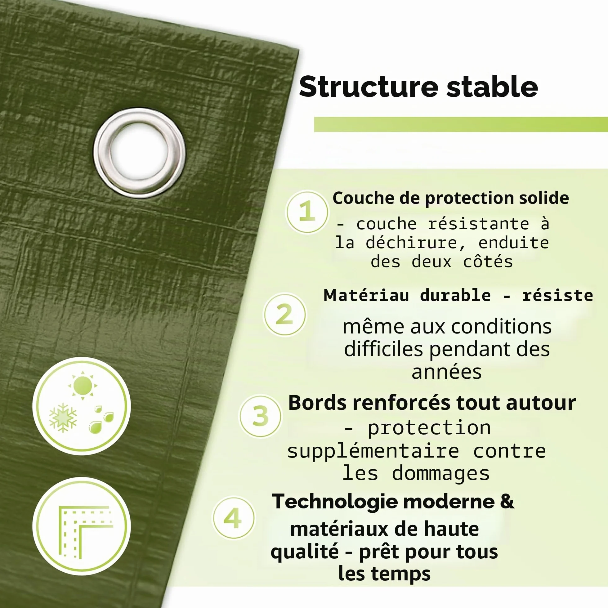 Bâche de protection textile 260 g/m² haute qualité vert blanc bateau bois