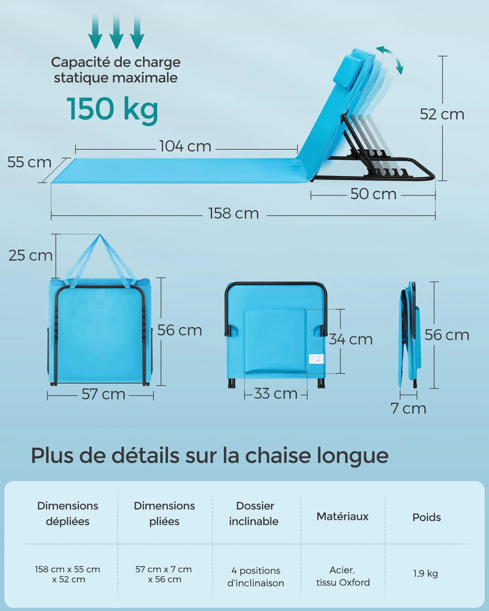 SONGMICS Chaise Longue Transat de Plage 158x55 cm Bleu Ciel Dossier Inclinable Appui-tête Portable