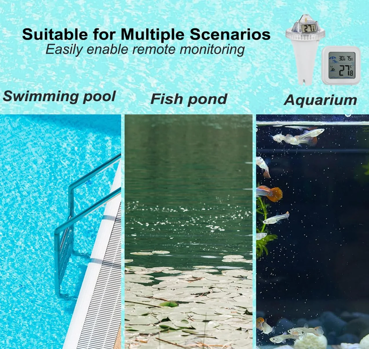 Thermomètre Flottant sans Fil pour Piscine Triple Écrans LCD Moniteur Température Eau Extérieure