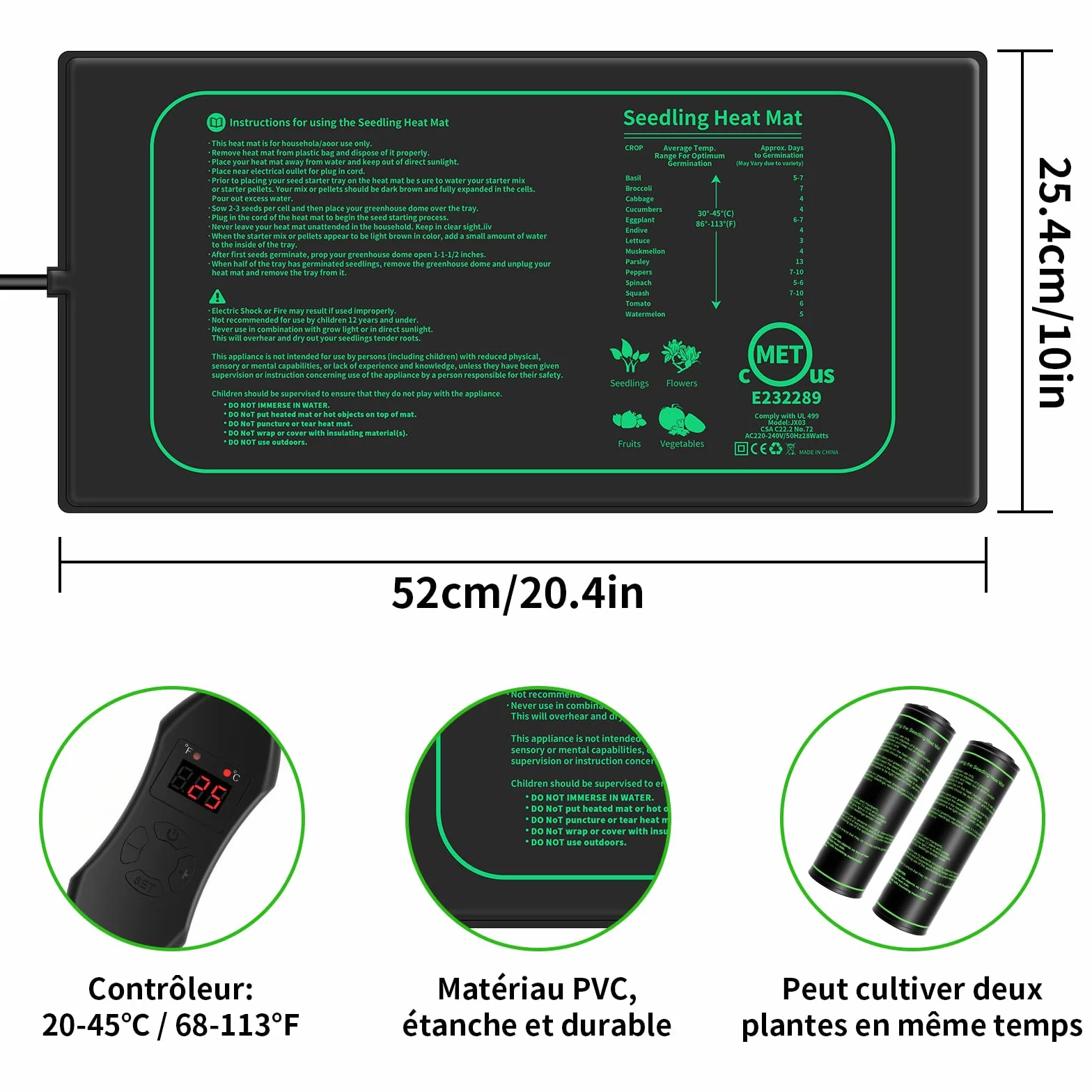 Tapis Chauffants Terrarium 2x 30W avec Contrôleur PVC IP67 Étanche 20-45°C 20×10 inch
