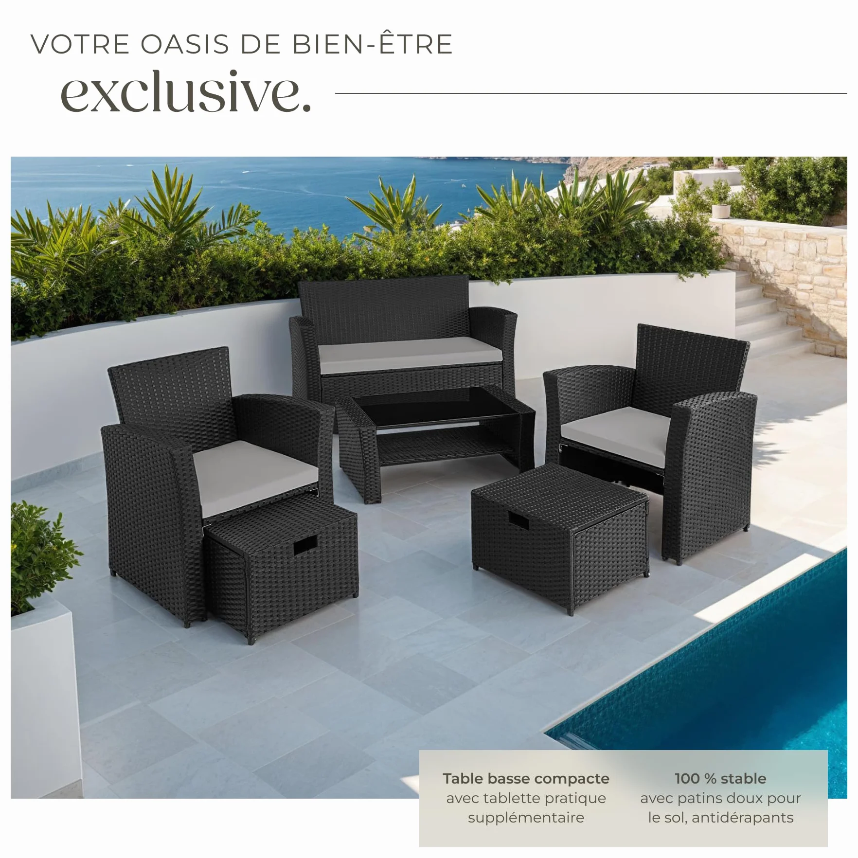 tectake Ensemble Salon de Jardin Poly Rotin 1 Banquette 2 Fauteuil 2 Tabouret 1 Table Jardin Noir/Gris