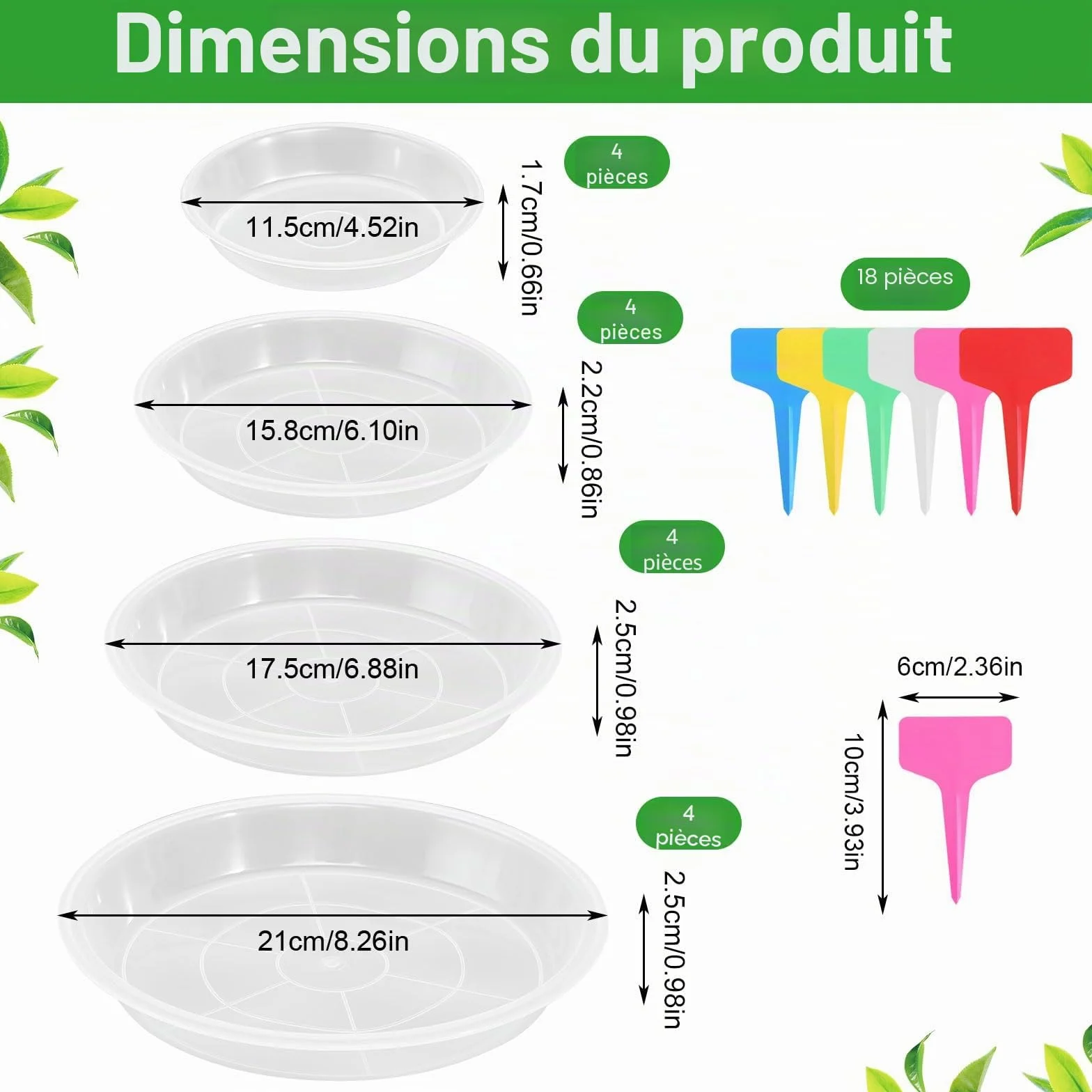 16 Pièces Coupelle Pot de Fleur Soucoupe Plastique Transparent avec Étiquettes pour Plantes Intérieur Extérieur