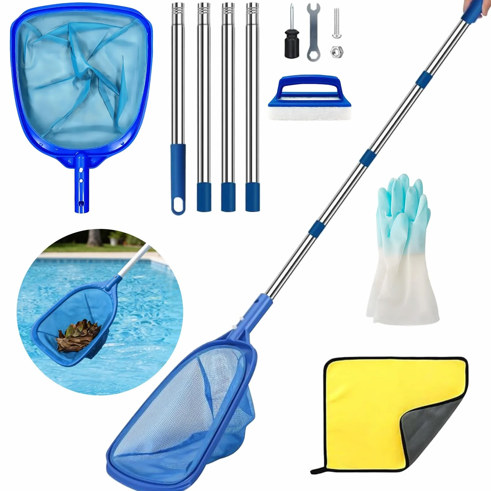Épuisette Piscine 185cm Tige Télescopique Kit Nettoyage Brosse Serviette