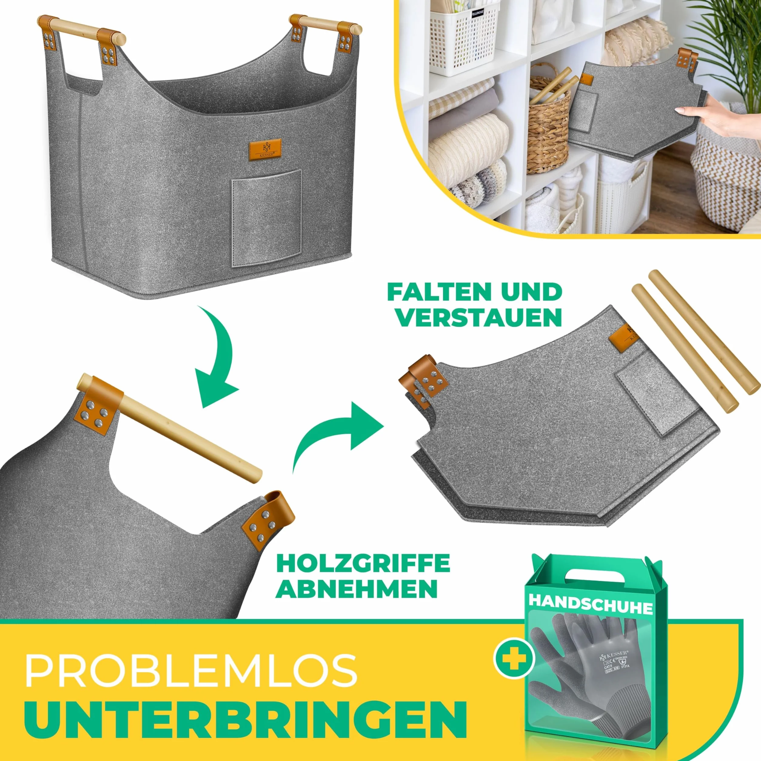KESSER Panier à bois de chauffage 90 litres Sac en feutre extra épais Pliable Poignées renforcées