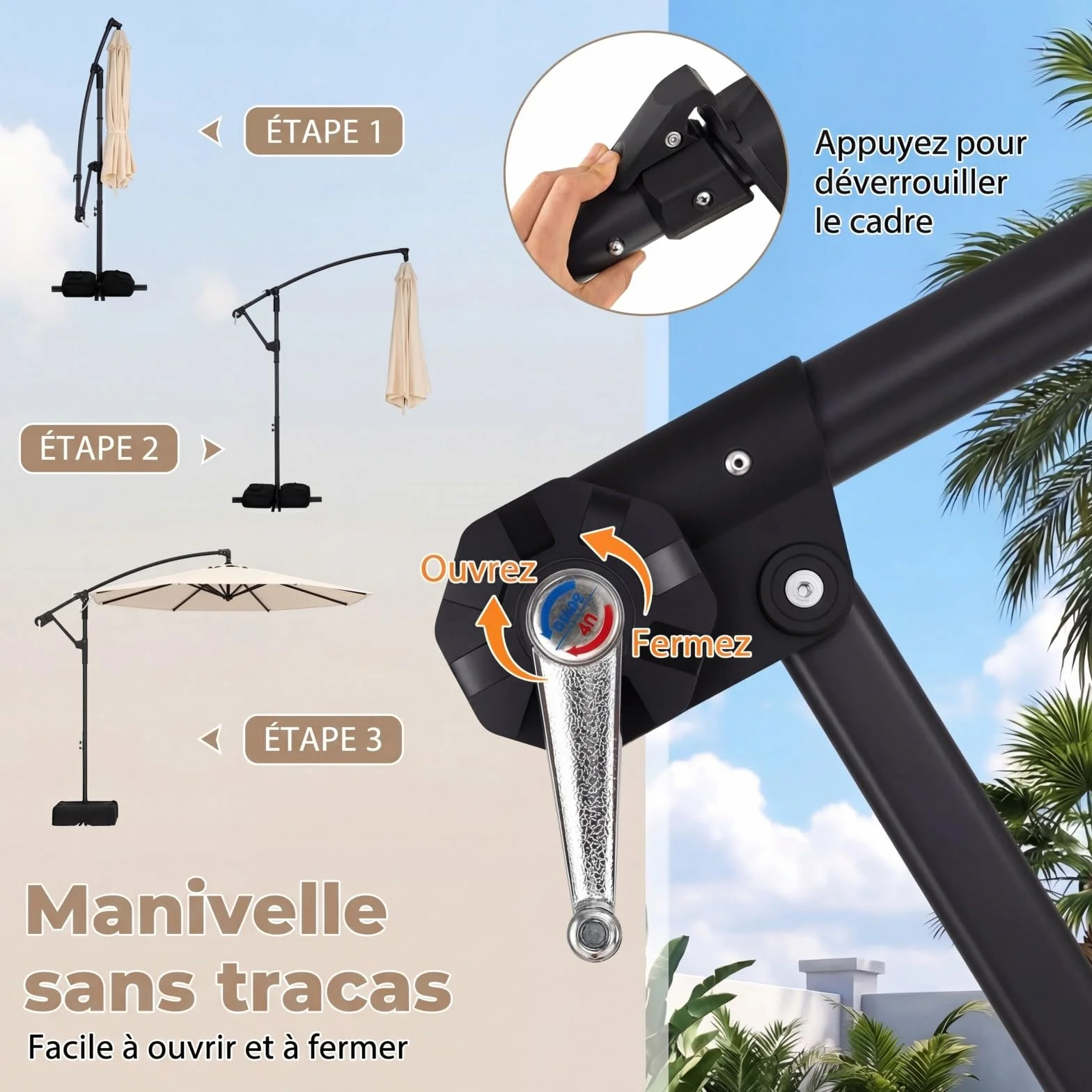 COSTWAY Parasol Déporté 3 x 3M, Parasol de Jardin Extérieur avec Pied, Rotation 360°, Anti-UV, 8 Baleines, Beige