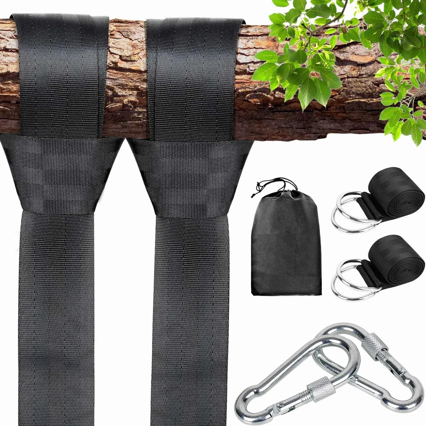 Sangle Balancoire Arbre Fixation Hamac Charge Max 800kg Attache Exterieur Corde avec 2 Sangle 150cm × 5cm, 2 Mousquetons, 1 Sac