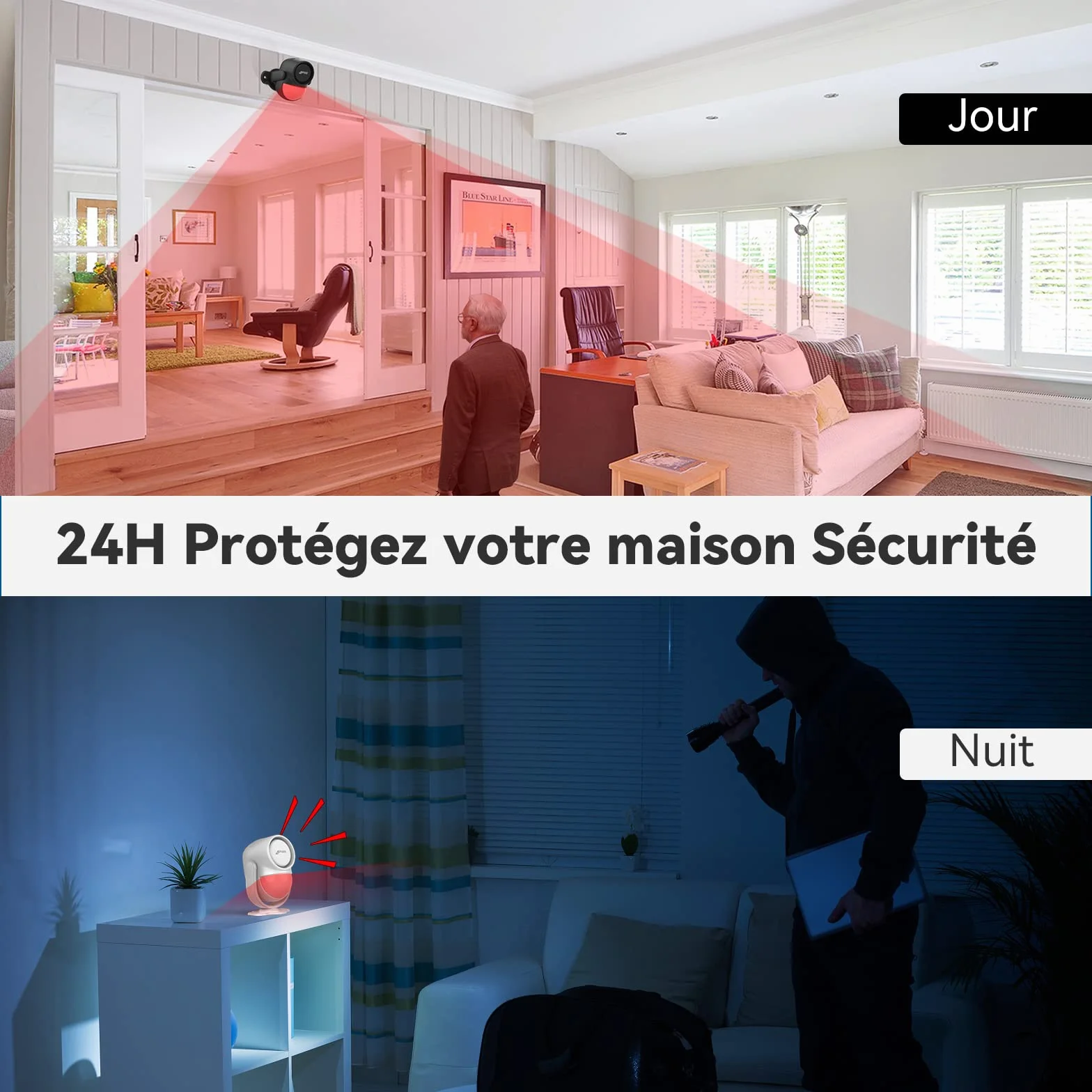 CPVAN Alarme Détecteur de Mouvement, Intérieur Alarme Maison sans Fil avec Sirene (125dB) Infrarouge Anti-Effraction, Battery Operated, Idéal de Magasin/Bureau/Maison/Porte/Garage