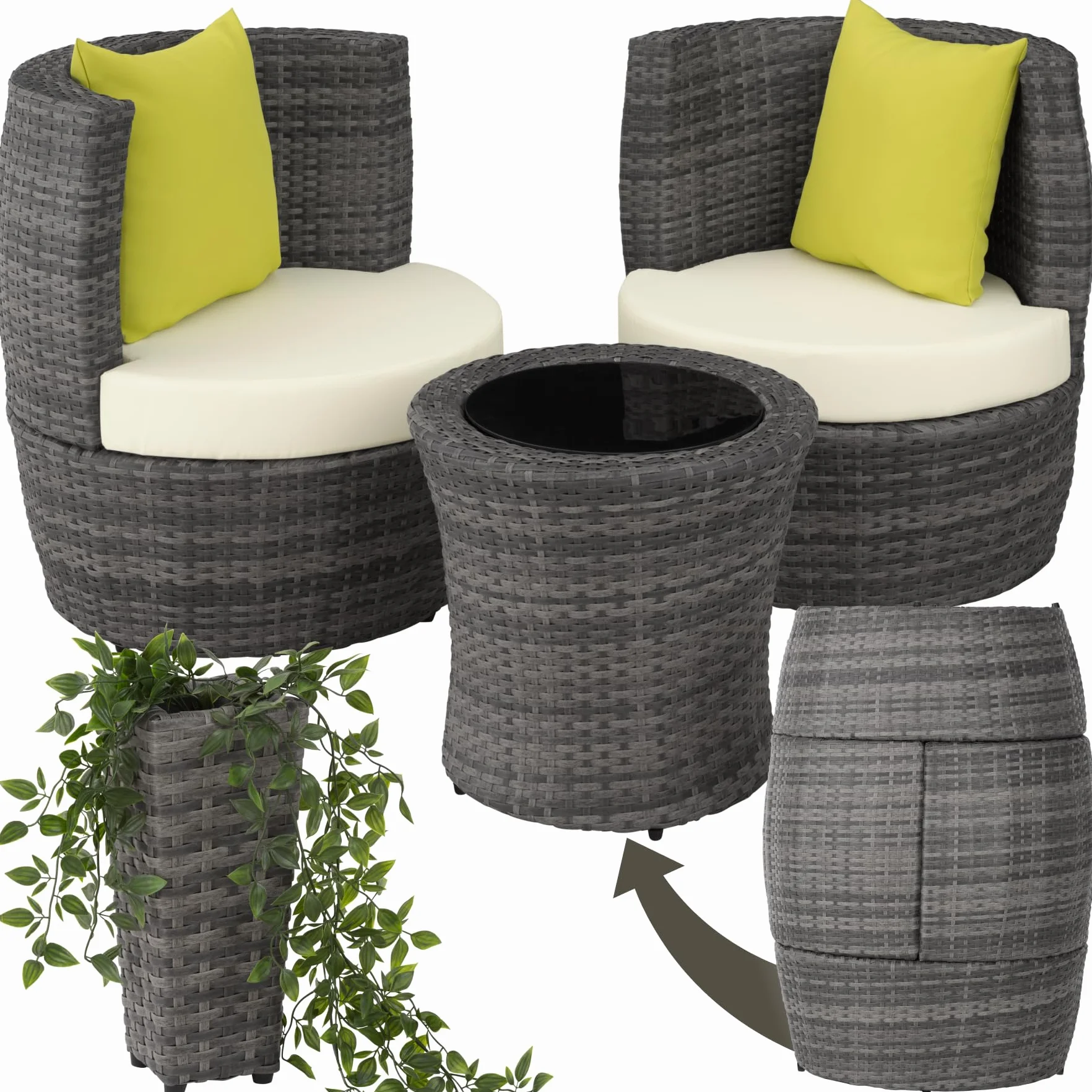 Ensemble Salon de Jardin Aluminium Poly Rotin 2 Personnes Fauteuil Table Coussins Pot de Fleur Inclus