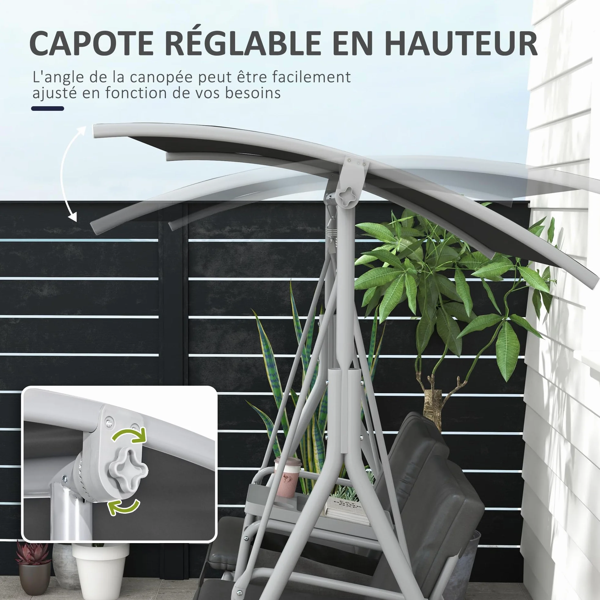 Outsunny Balancelle de Jardin 2 Places avec Auvent Inclinable Tablette Centrale 175x112x158 cm Gris
