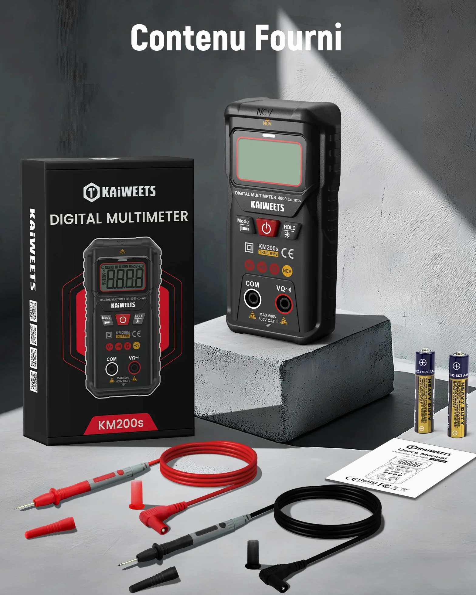 KAIWEETS Multimètre Numérique KM200s True RMS, 4000 Comptes, Voltmètre Intelligent, Détecteur de Tension sans Contact, Sélection Automatique, Mesure Tension AC/DC, Résistance, Testeur de Continuité