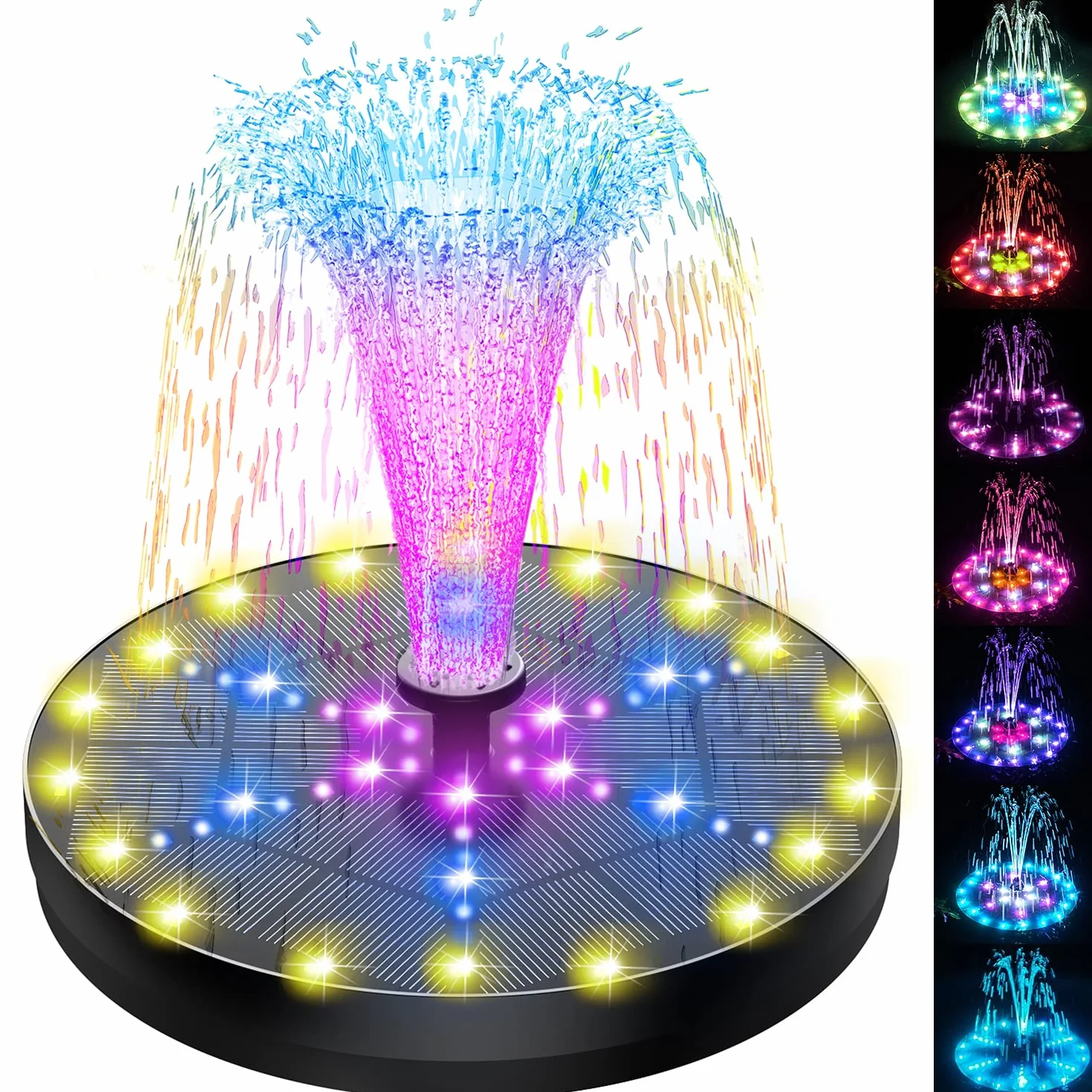 Fontaine Solaire 60 LEDs Colorée 2026 Upgraded Solaire Flottant Extérieur Pompe Bassin avec 8 Buses pour Bain d'oiseaux, Étang, Jardin