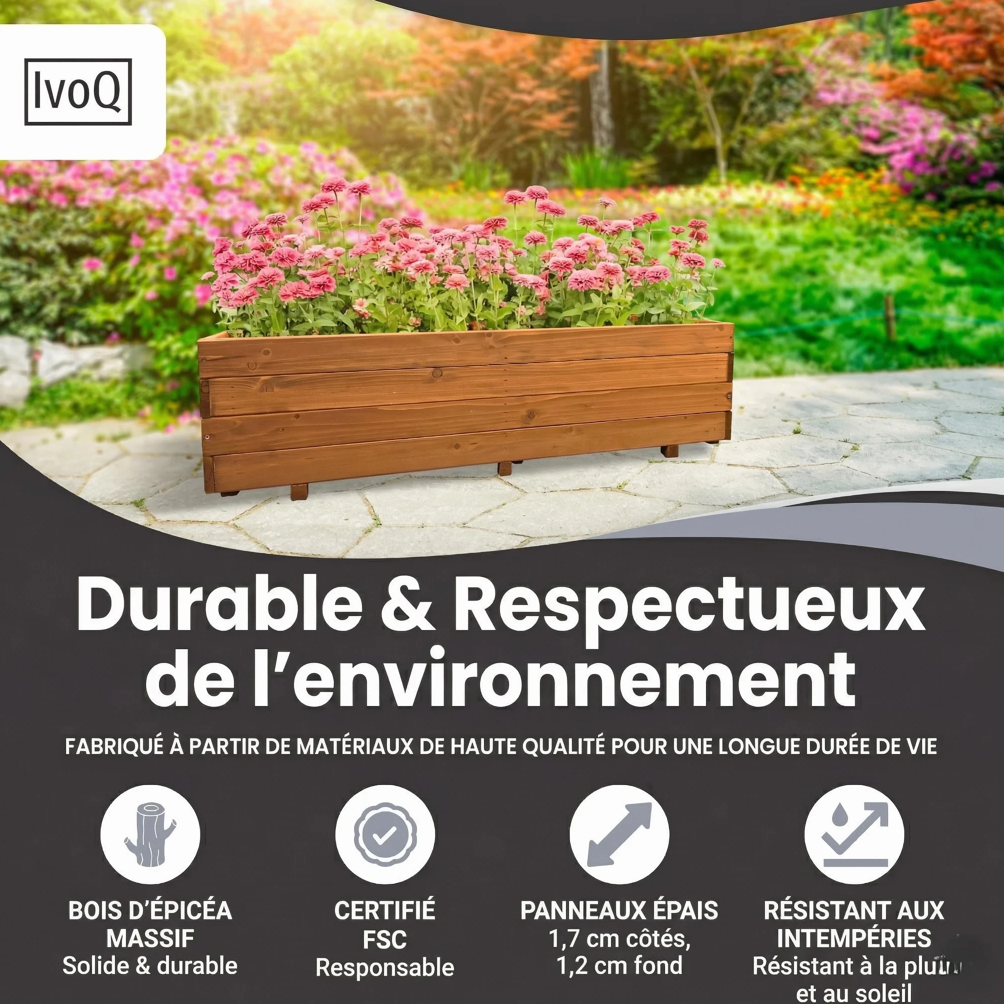 Jardinière en bois massif 120 x 40 x 32 cm FSC résistant aux intempéries