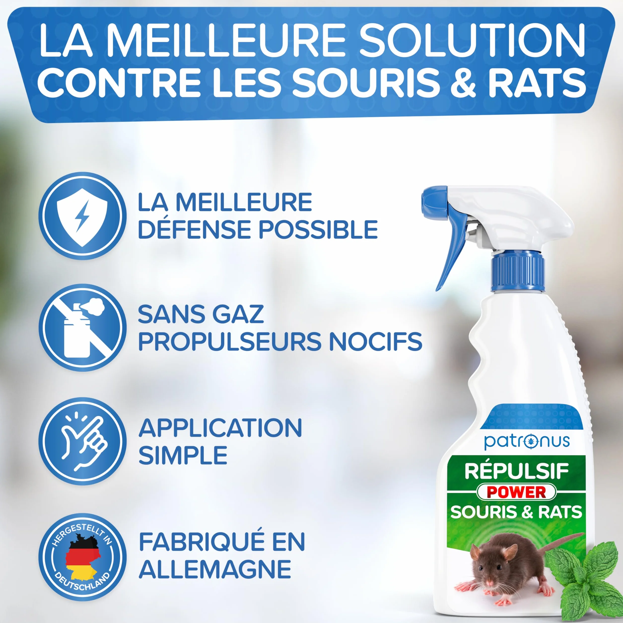 Patronus Répulsif Anti Souris Anti Rat 250ml – Intérieur Extérieur Non Tachant – Menthe Poivrée Ultra Concentrée