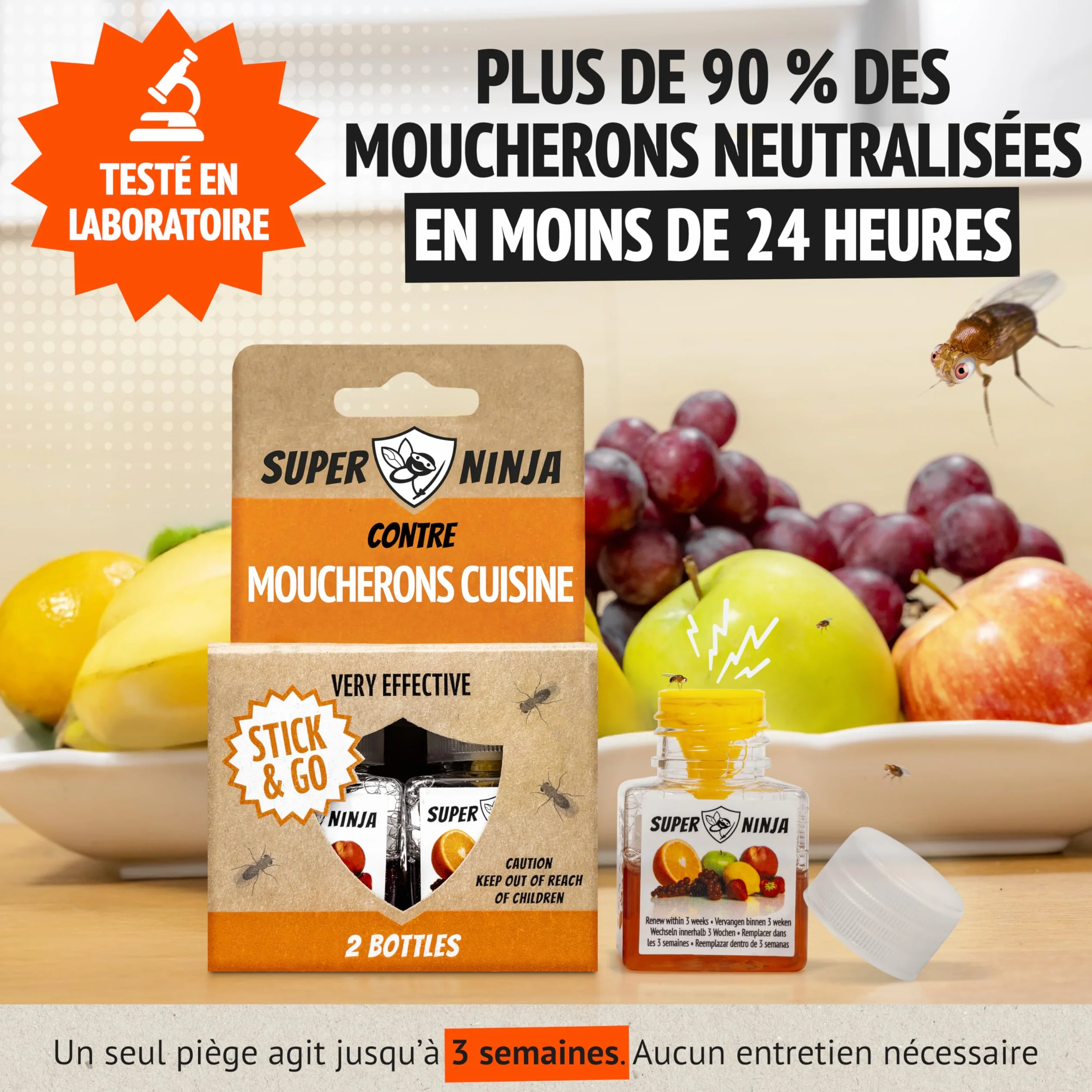 Pièges Anti Moucherons d'Intérieur Lot de 2 – Attrape Moucheron Cuisine Maison, 3 Semaines d’Action, Sûr Enfants Animaux