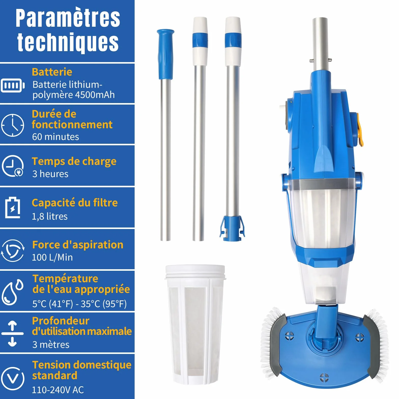 LEADZM Aspirateur Piscine Batterie sans Fil 4500mAh 100L/Min Puissance d'Aspiration Autonomie 60 Min 190×23,7×17cm Bleu