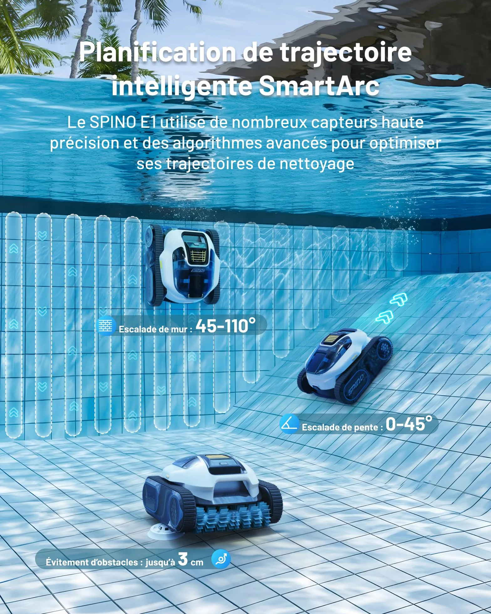 SPINO E1 Robot Piscine Fond et Parois, 210 Min Autonomie, 21950 LPH Aspiration, 5 Modes, SmartArc, App, Idéal 150㎡