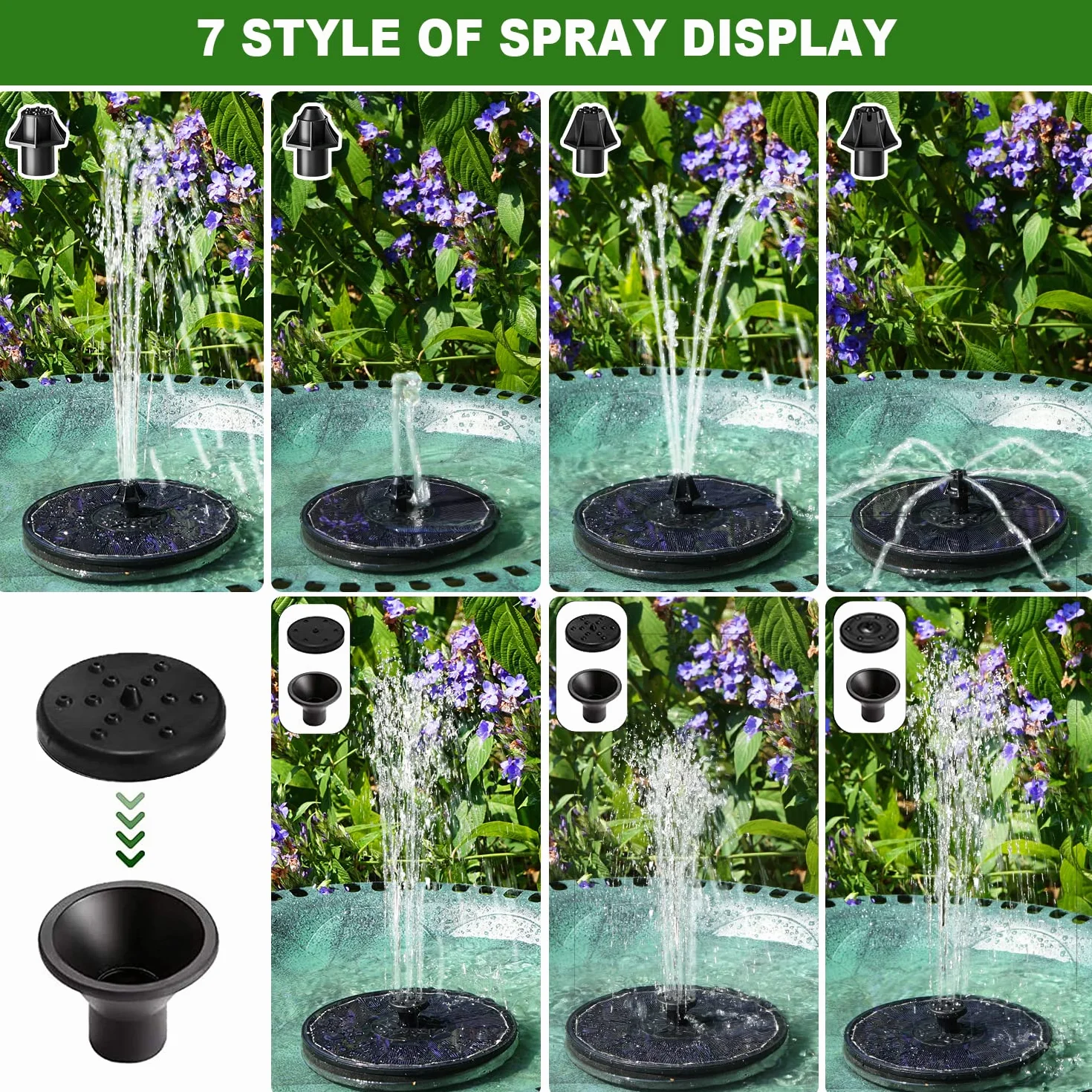 Fontaine Solaire 3.5W avec Batterie 2000mAh, Pompe Bassin Solaire Flottant Extérieur avec 8 Buses & 4 Tiges Fixes pour Jardin
