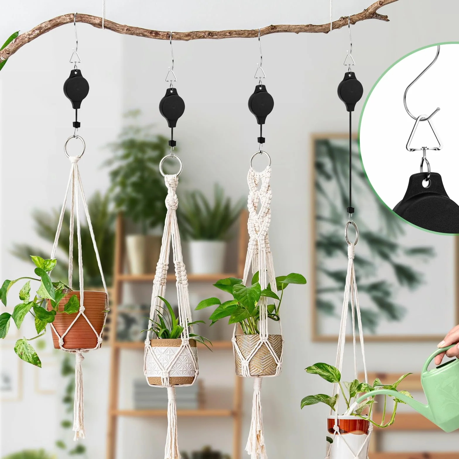 Yotako Lot de 3 crochets rétractables pour plantes réglables avec crochets de plafond blancs