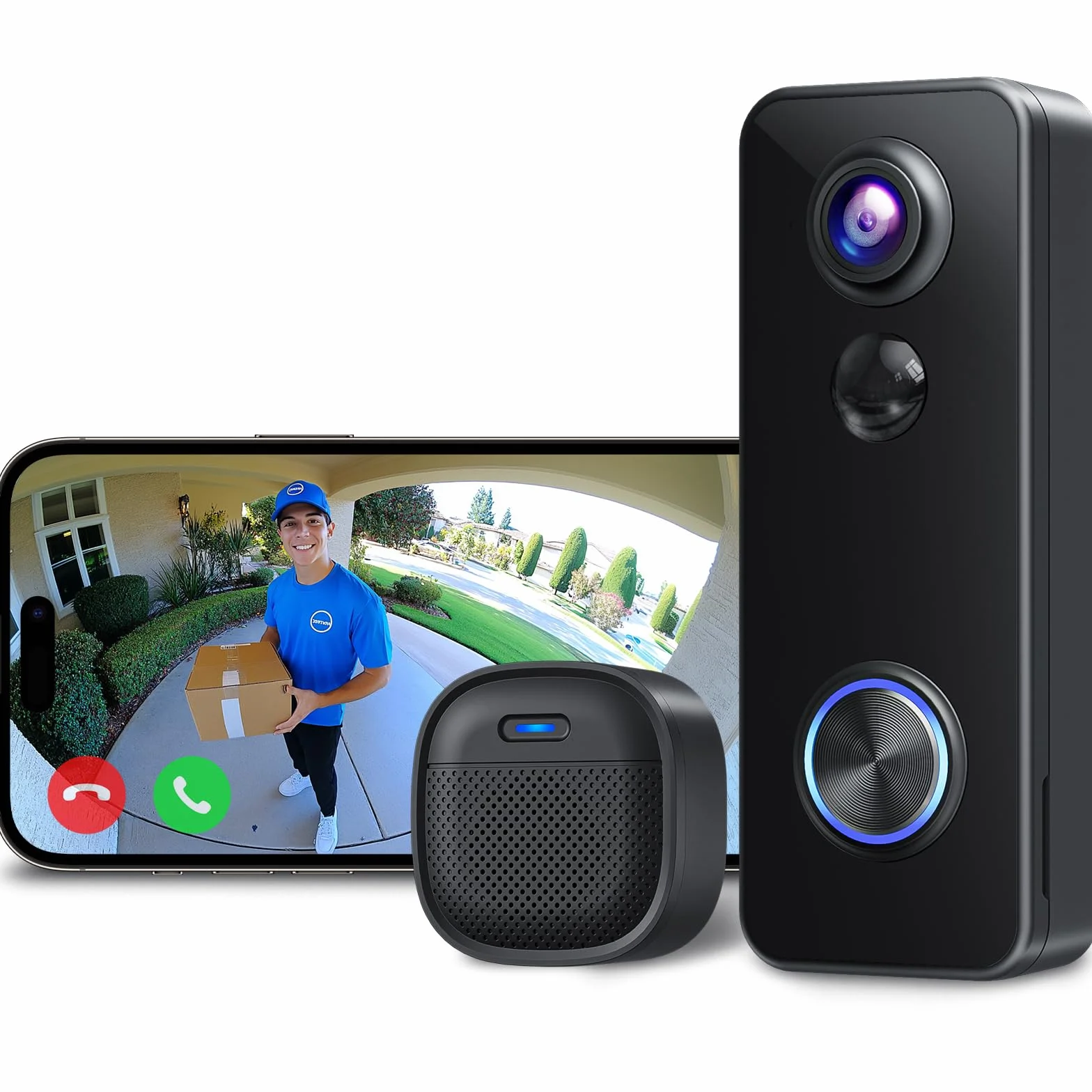 XTU 2K HD Sonnette sans Fil Exterieur Etanche, Sonnette sans Fil avec Camera Vue Complète 180°, Détection Humaine PIR, Audio Bidirectionnel, Uniquement 2,4G WiFi, Stockage Carte SD
