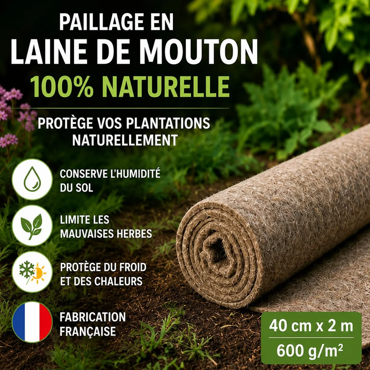 La Cordeline Feutre Paillage 100% Laine 40 cm x 2 m 600 GR/m2 Naturelle Beige