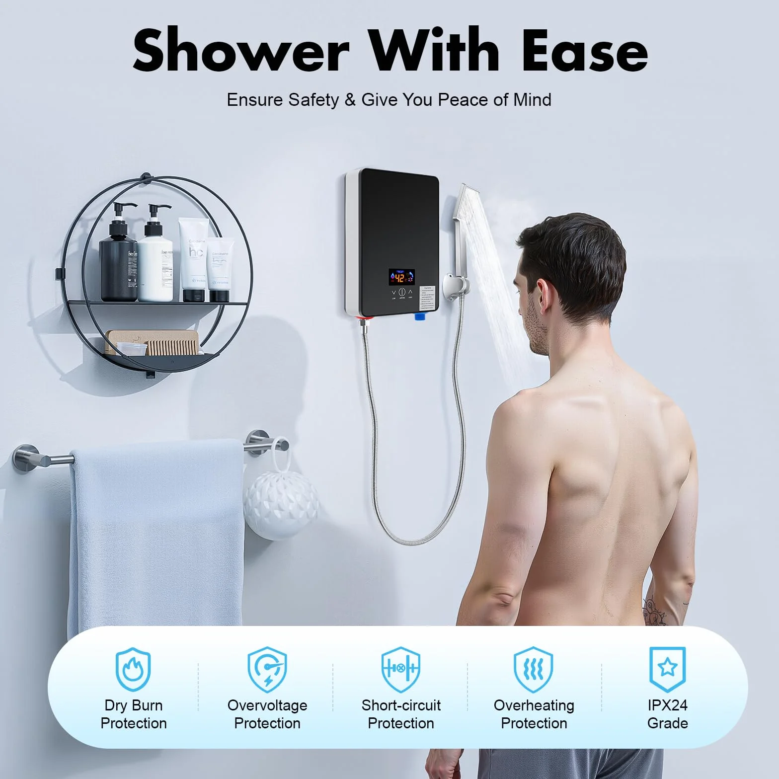 Chauffe-eau de Douche 6500W 220V IPX4 Affichage Numérique Chauffage Instantané