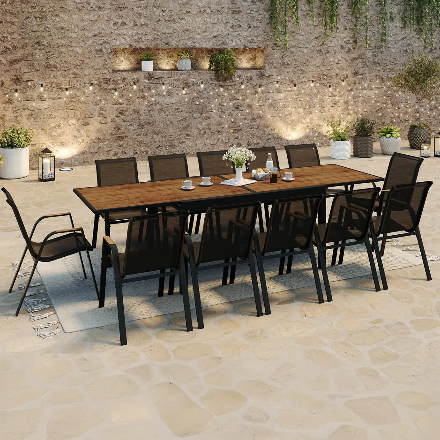 Salon de Jardin NOUMEA Table Extensible 135/270 cm Plateau Effet Bois 12 Chaises Empilables Noir Bois