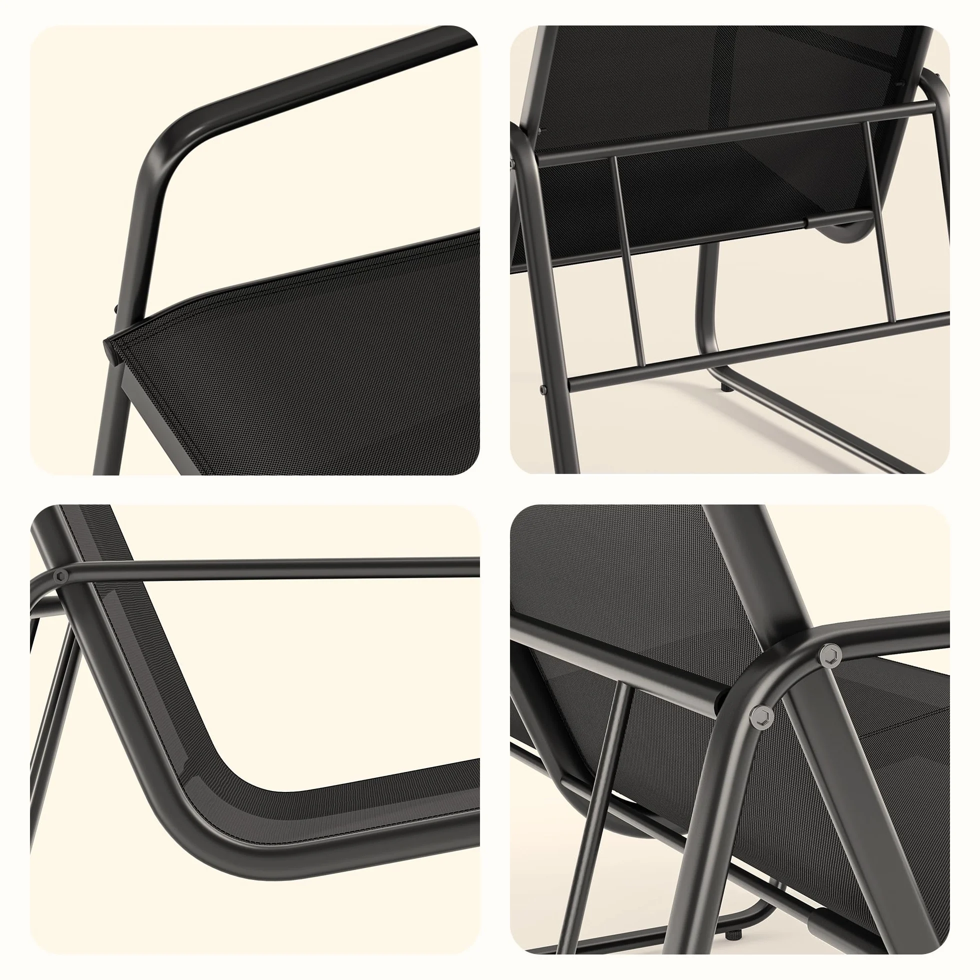 Bealife Ensemble de Meubles de Jardin 4 Pièces Salon de Jardin Métal Textilène 3 Fauteuils Table Verre Noir