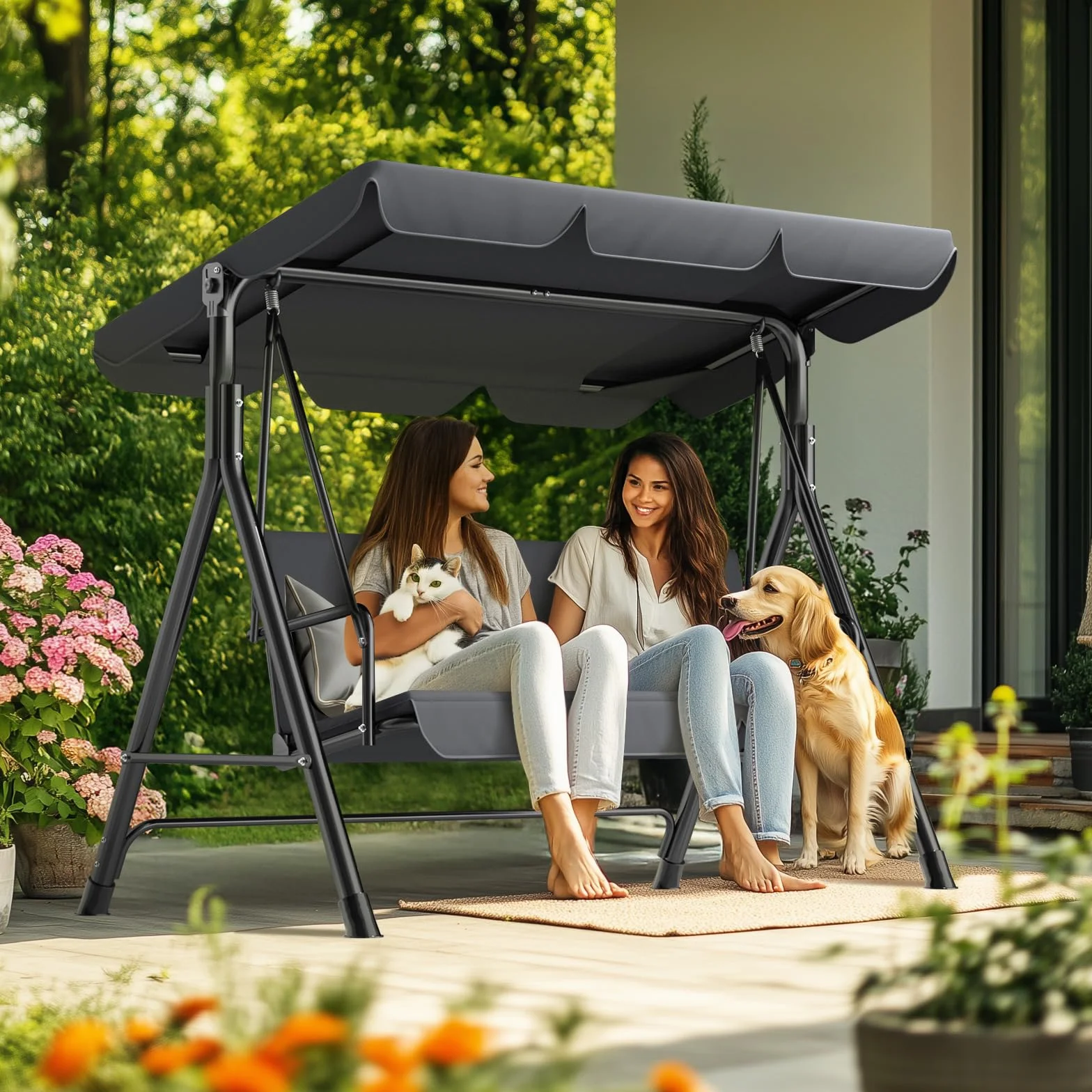 Balancelle 3 Places Toit réglable Jardin Pieds antidérapants Charge 200 kg résistante intempéries Anthracite