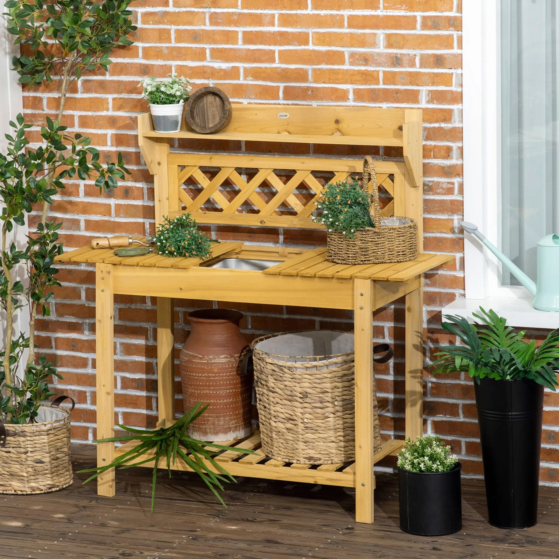 Outsunny Table de rempotage en Bois avec évier coulissant 2 étagères 92 x 45 x 120 cm