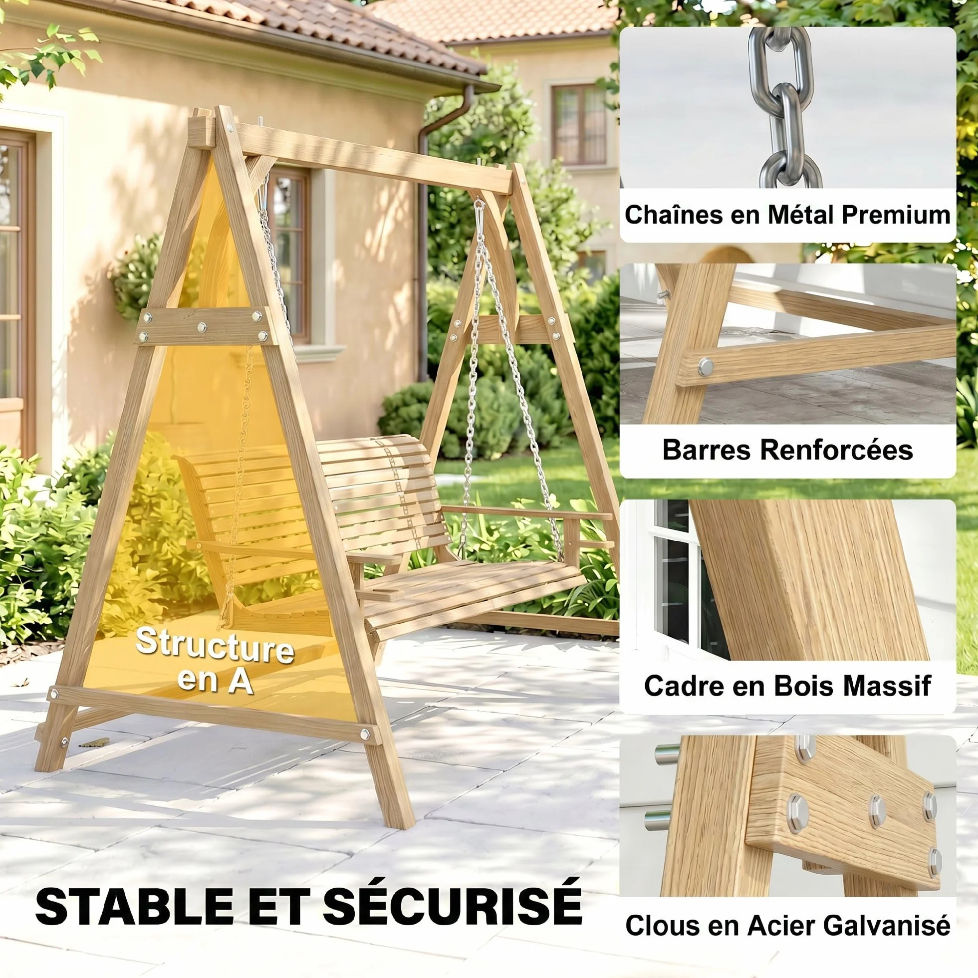 Outsunny Balancelle de Jardin 2 Places Bois de mélèze pré-huilé 1,8L x 1,2l x 1,85H m