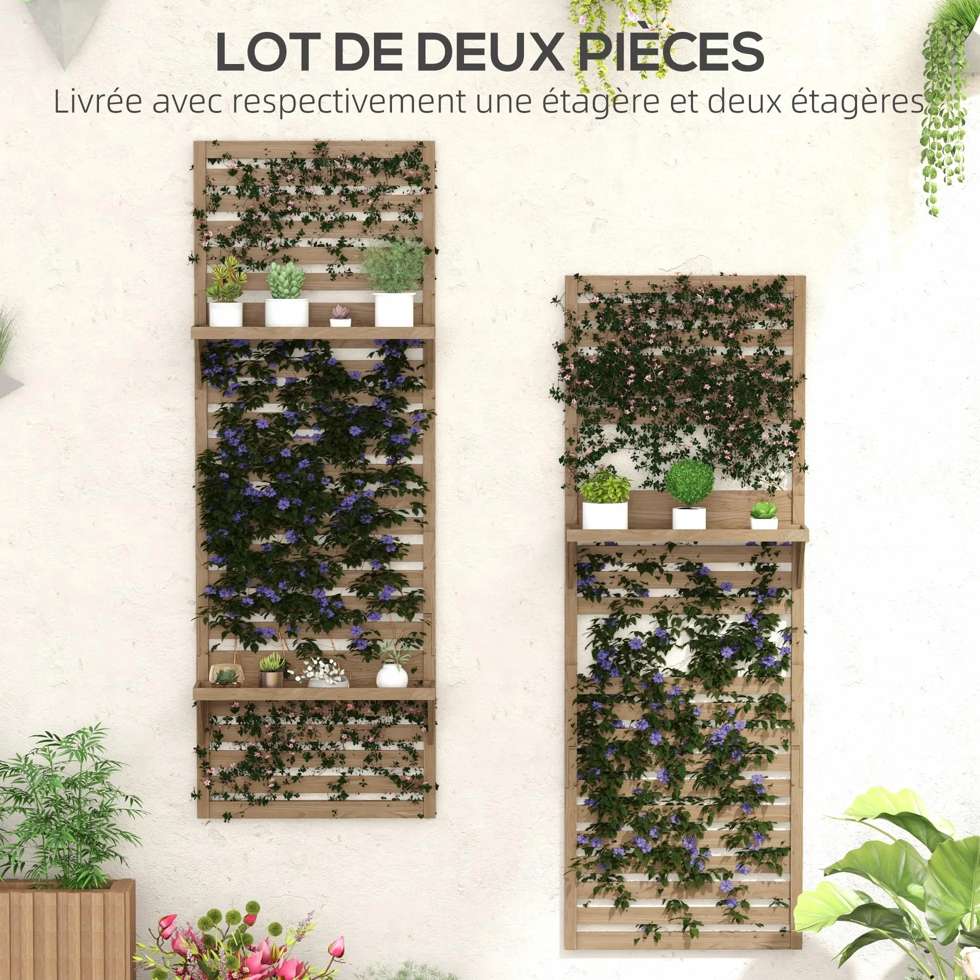 Outsunny Lot de 2 support plantes intérieur avec étagères suspendues et treillis en bois massif