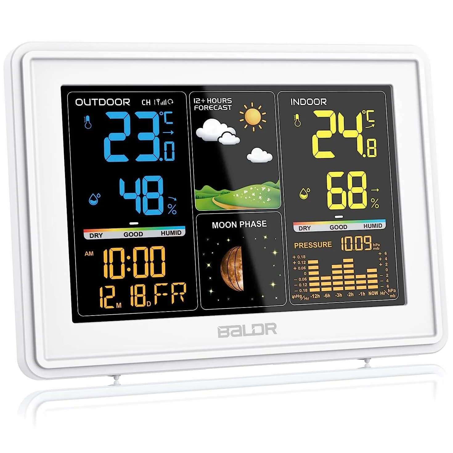 Station Météo Sans Fil BALDR Thermomètre Hygromètre Intérieur Extérieur Prévisions Heure Réveil Phase Lune