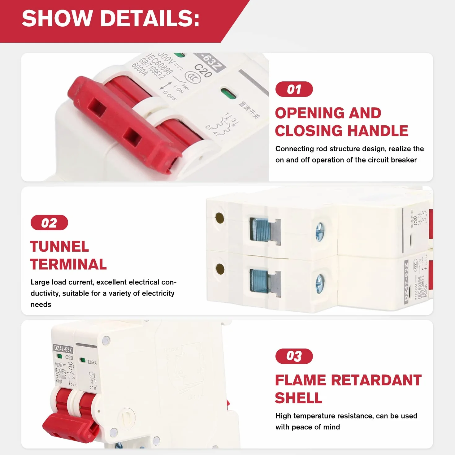 Disjoncteur Miniature 1000V DC 20A 2P Din Rail Mount Protection Contre Les Surcharges à Domicile Interrupteur D'air pour Lignes de Distribution D'éclairage Résidentiel Système PV Solaire