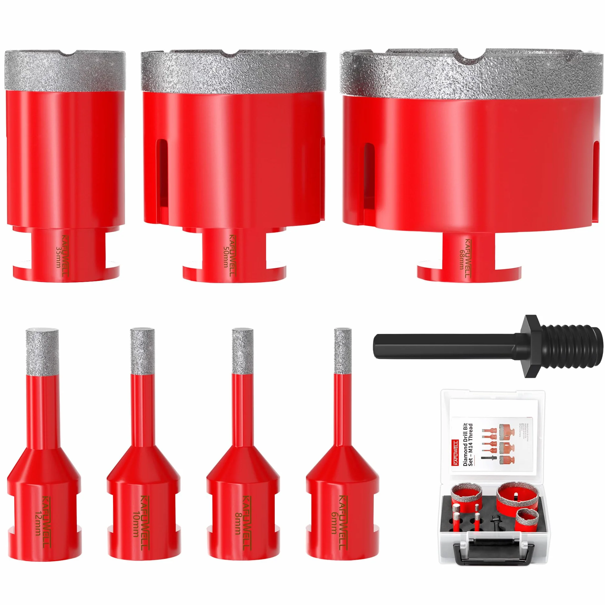 8 Pcs M14 Foret Carrelage Diamant, Scie Cloche Carrelage, TrépanCarrelage, Ø 6/8/10/12/35/50/68mm avec Adaptateur, Brasé Sous Vide, pour Porcelaine Carrelage Granit Marbre, Meuleuse d’Angle