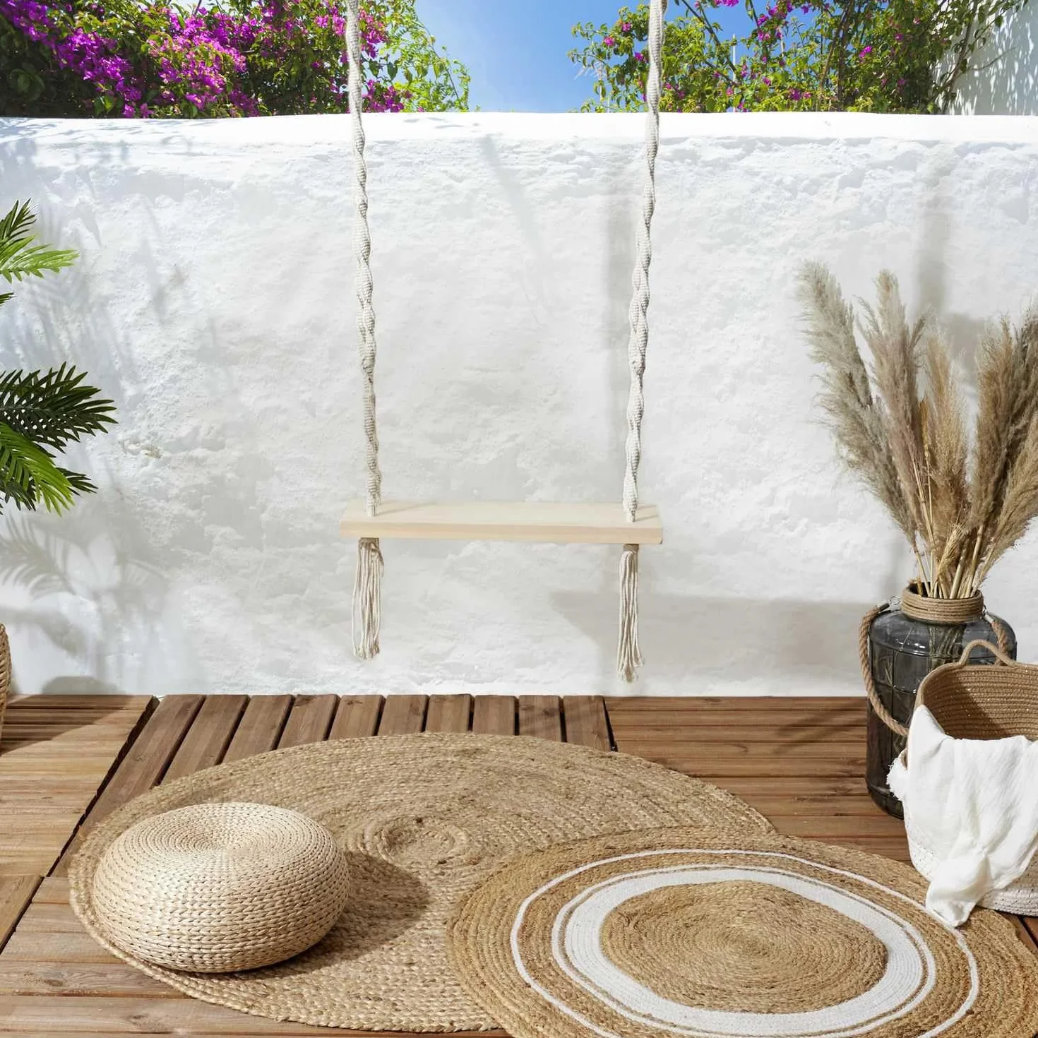 Balancoire Macramé Bois M6 Fauteuil Suspendu Exterieur 60x150x20 cm Blanc