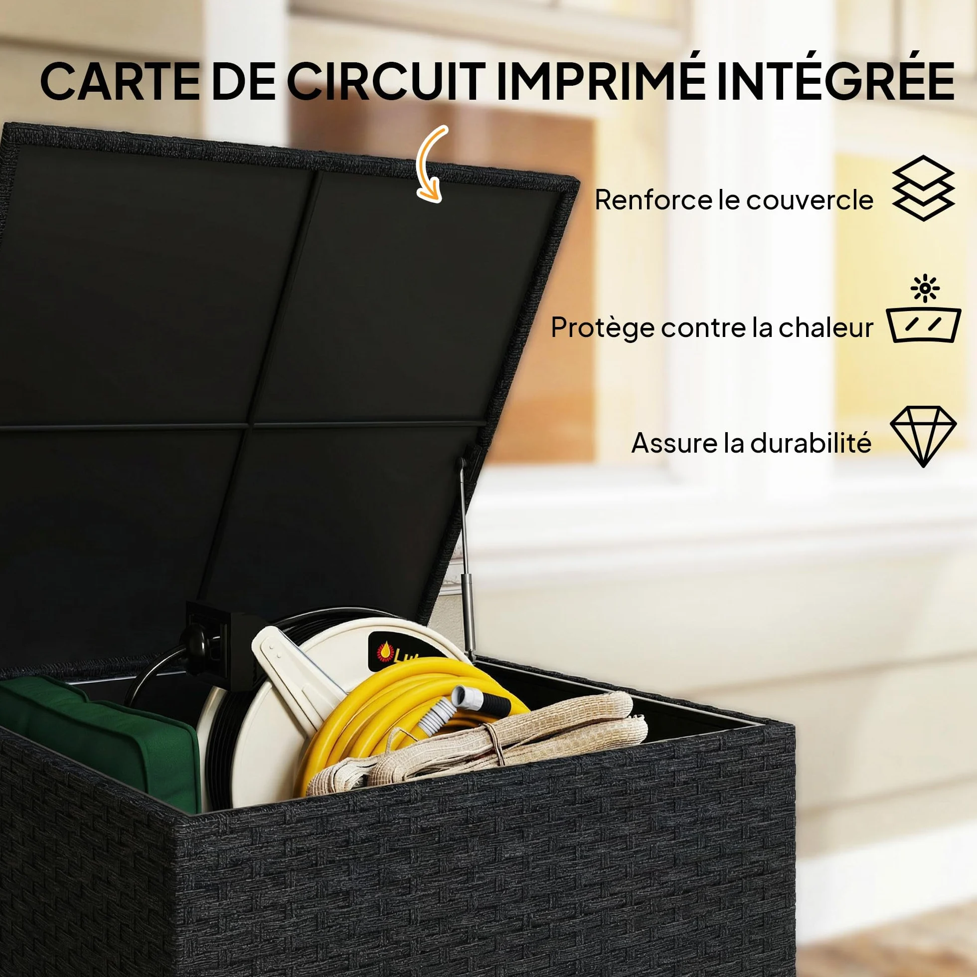 Outsunny Coffre de Jardin en Résine Tressée 253 L Imperméable, Rangement Extérieur 72 x 72 x 70 cm Noir