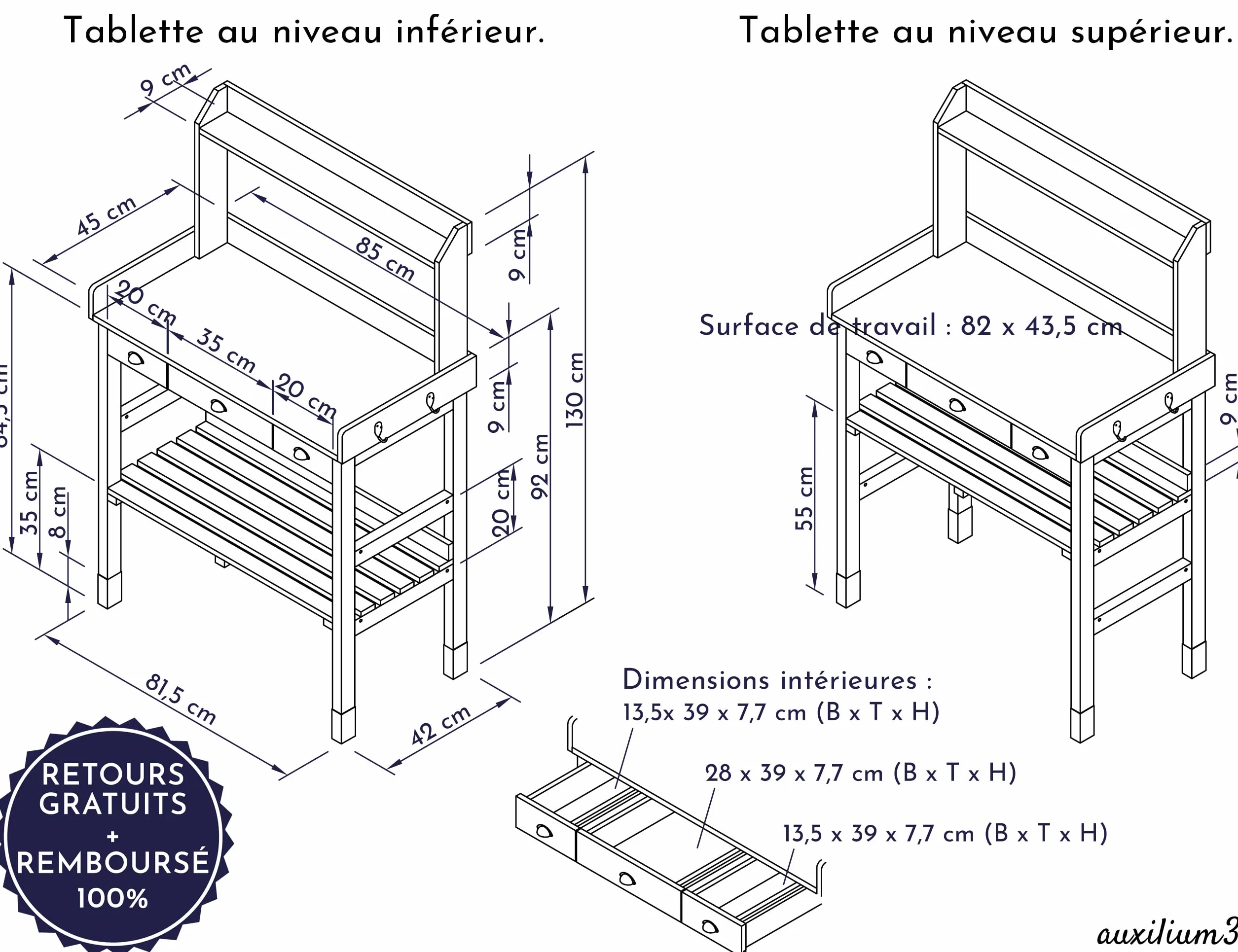 Table de rempotage en Bois avec 3 tiroirs 85x45x130 cm XL Blanc Gris résistant aux intempéries