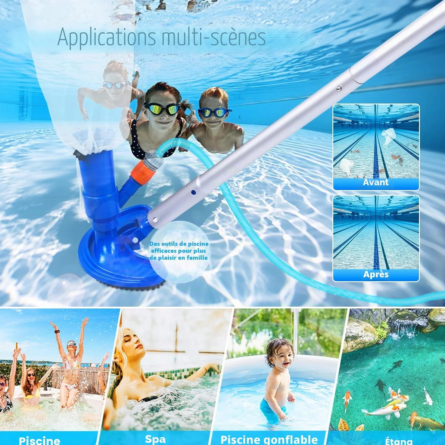Aspirateur de Piscine Kit de Nettoyage 1.5M Tête d'aspirateur Perche Télescopique Tige Aluminium Détachable Jacuzzi Fontaine Aquarium Étang Brosse