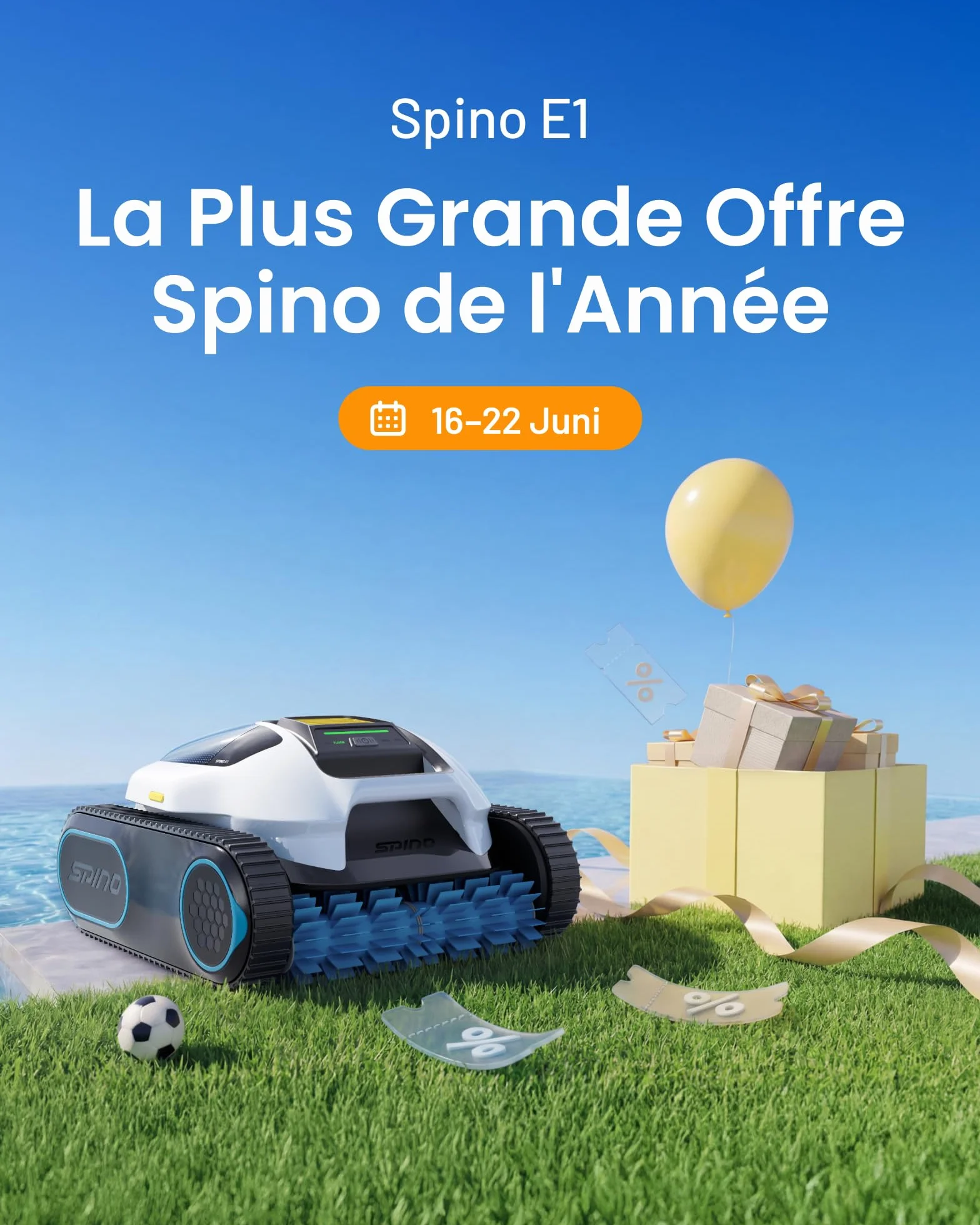 SPINO E1 Robot Piscine Fond et Parois, 210 Min Autonomie, 21950 LPH Aspiration, 5 Modes, SmartArc, App, Idéal 150㎡
