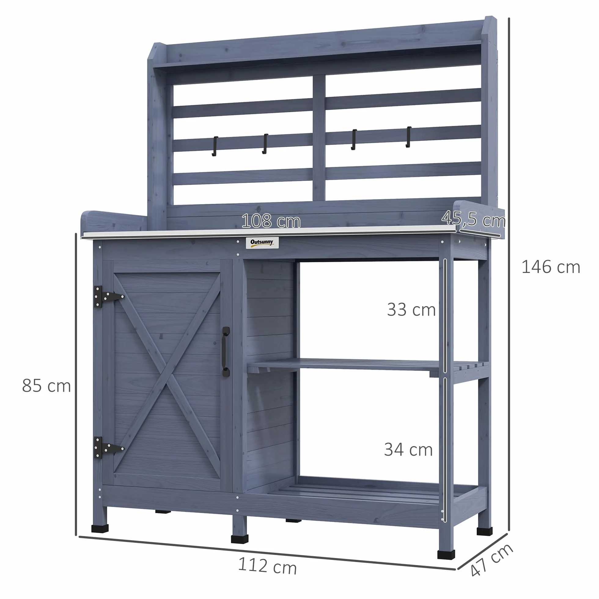 Outsunny Table de jardinage en bois avec armoire et étagères, 112 x 47 x 146cm, gris