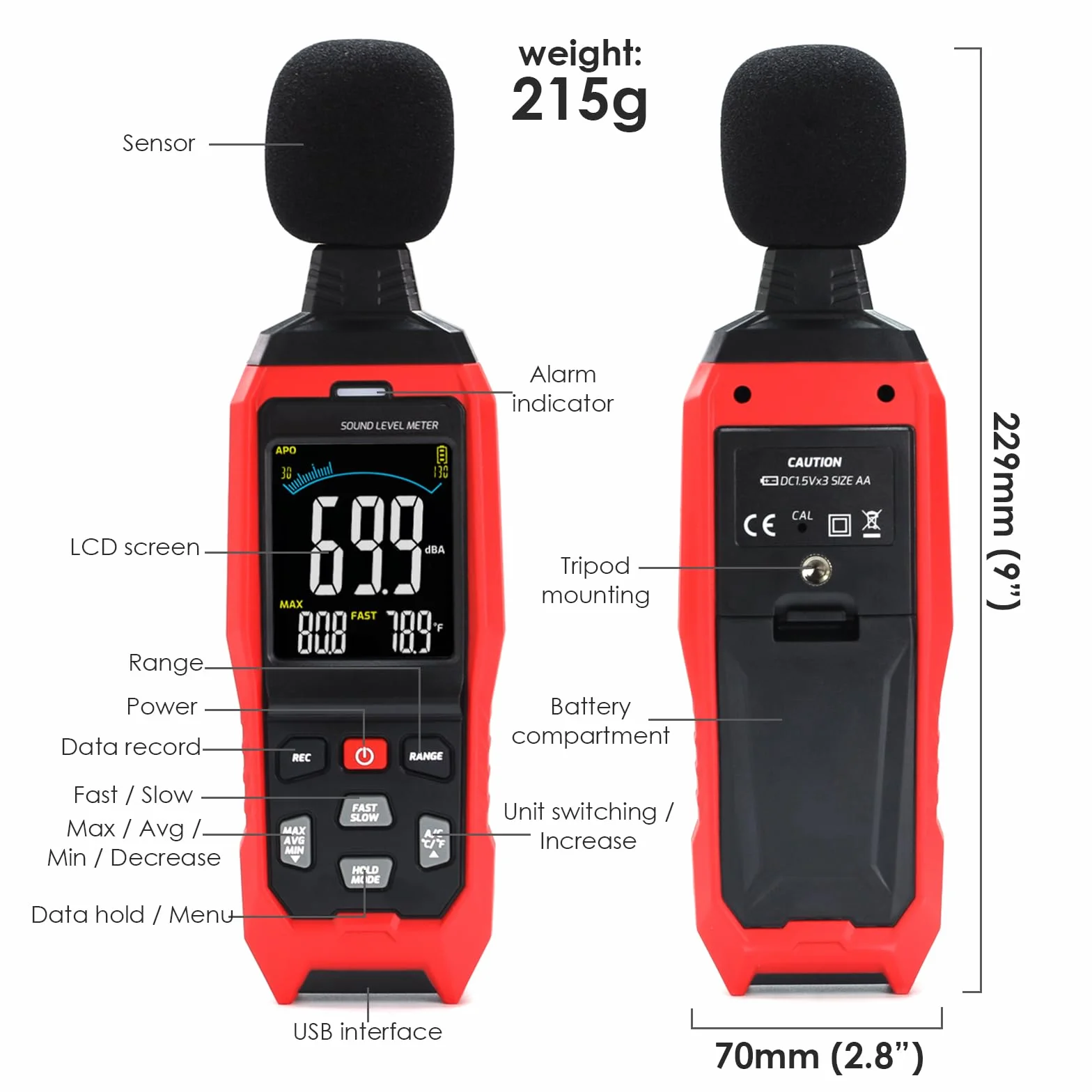 Sonomètre de décibels, sonomètre de mesure de niveau sonore, sonomètre de classe haute précision avec pondération A/C/Z, sonomètre de bruit avec enregistrement 30-130 dB, sonomètre de décibels avec