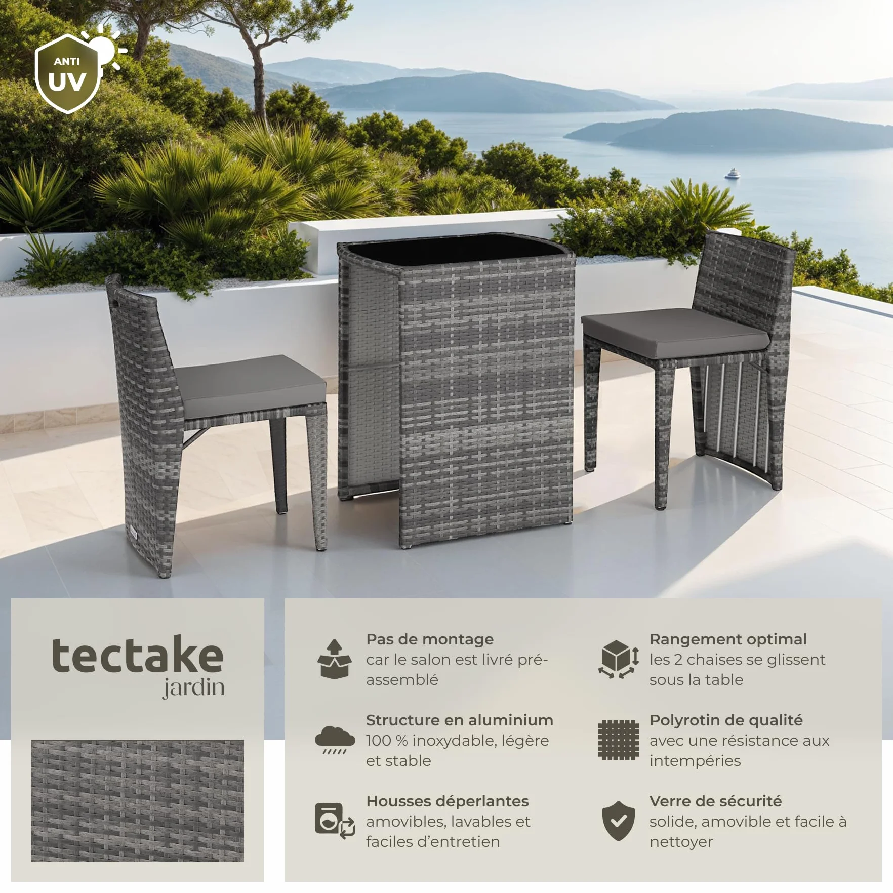 Tectake Ensemble Salon de Jardin 2 Personnes Poly Rotin Aluminium Fauteuil Table Coussins Inclus