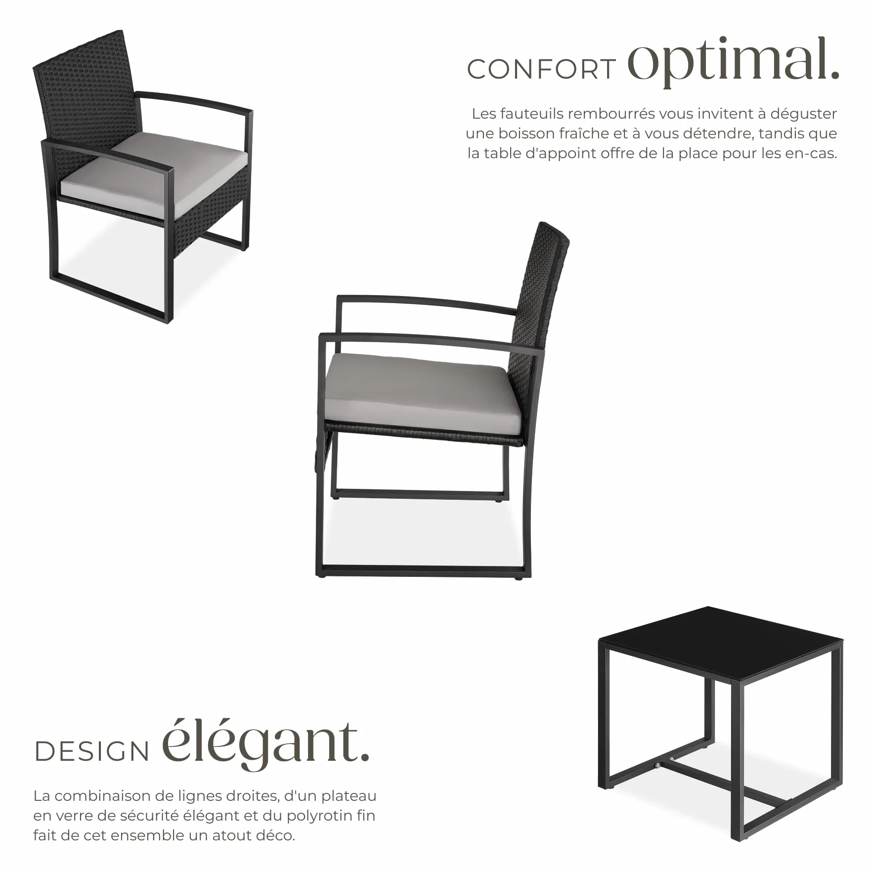 Tectake Ensemble Salon de Jardin Exterieur 2 Chaise Table Jardin Poly Rotin Acier Noir