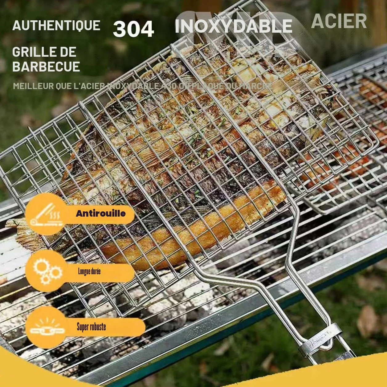 Panier Grille Barbecue en Acier Inoxydable 304 Pliable Portable Résistant avec Poignée Amovible