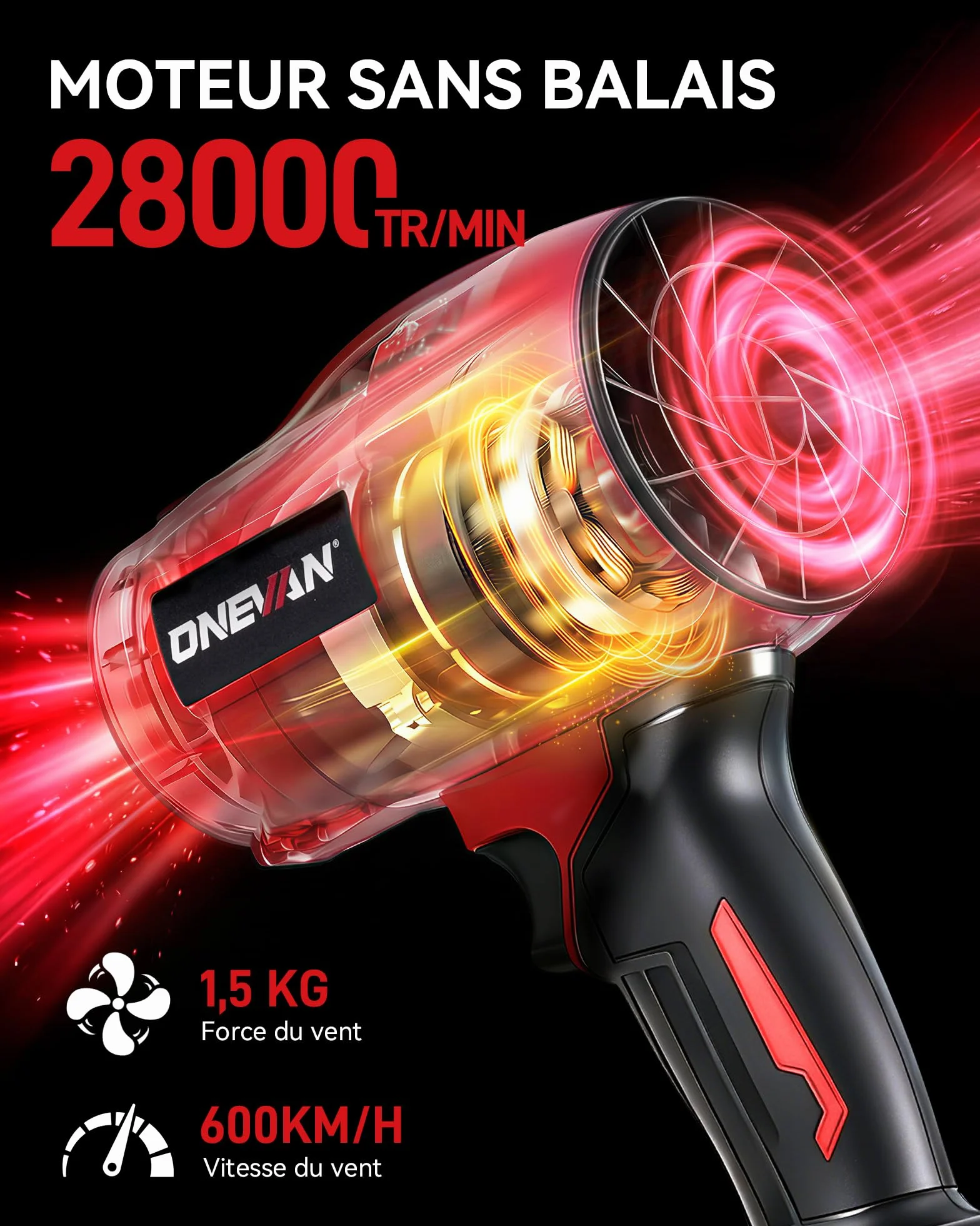 ONEVAN Souffleur de Feuilles Turbo sans Fil 600km/h 2 Batteries 4,5Ah Brushless