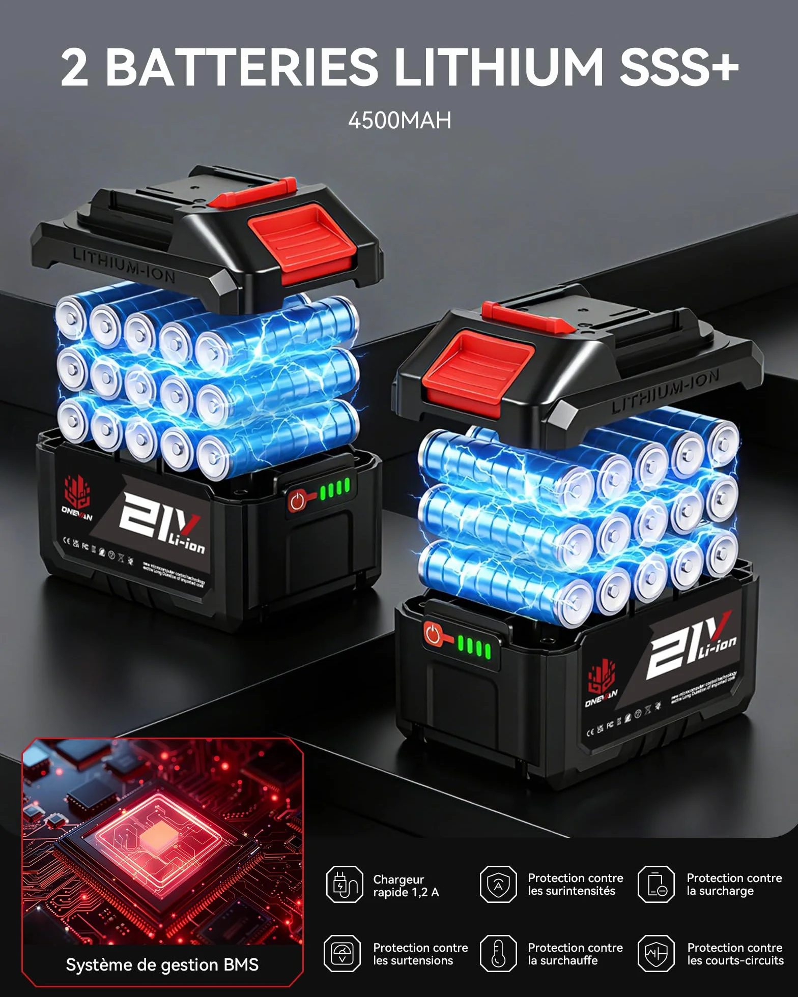 ONEVAN Souffleur de Feuilles Turbo sans Fil 600km/h 2 Batteries 4,5Ah Brushless