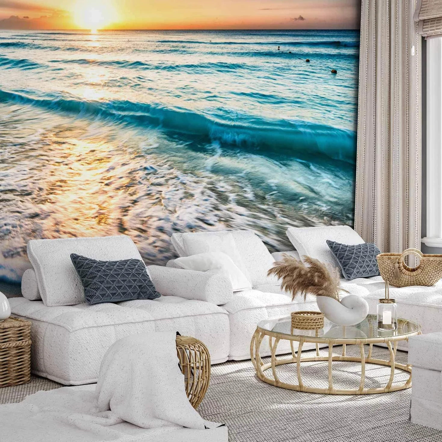 decomonkey - Papier Peint Panoramique Adhésif Plage Mer 343x256 cm - Stickers Muraux Salon Chambre Déco XXL Autocollant - Gris bleu marron - Vagues coloré paysage mer plage coucher de soleil
