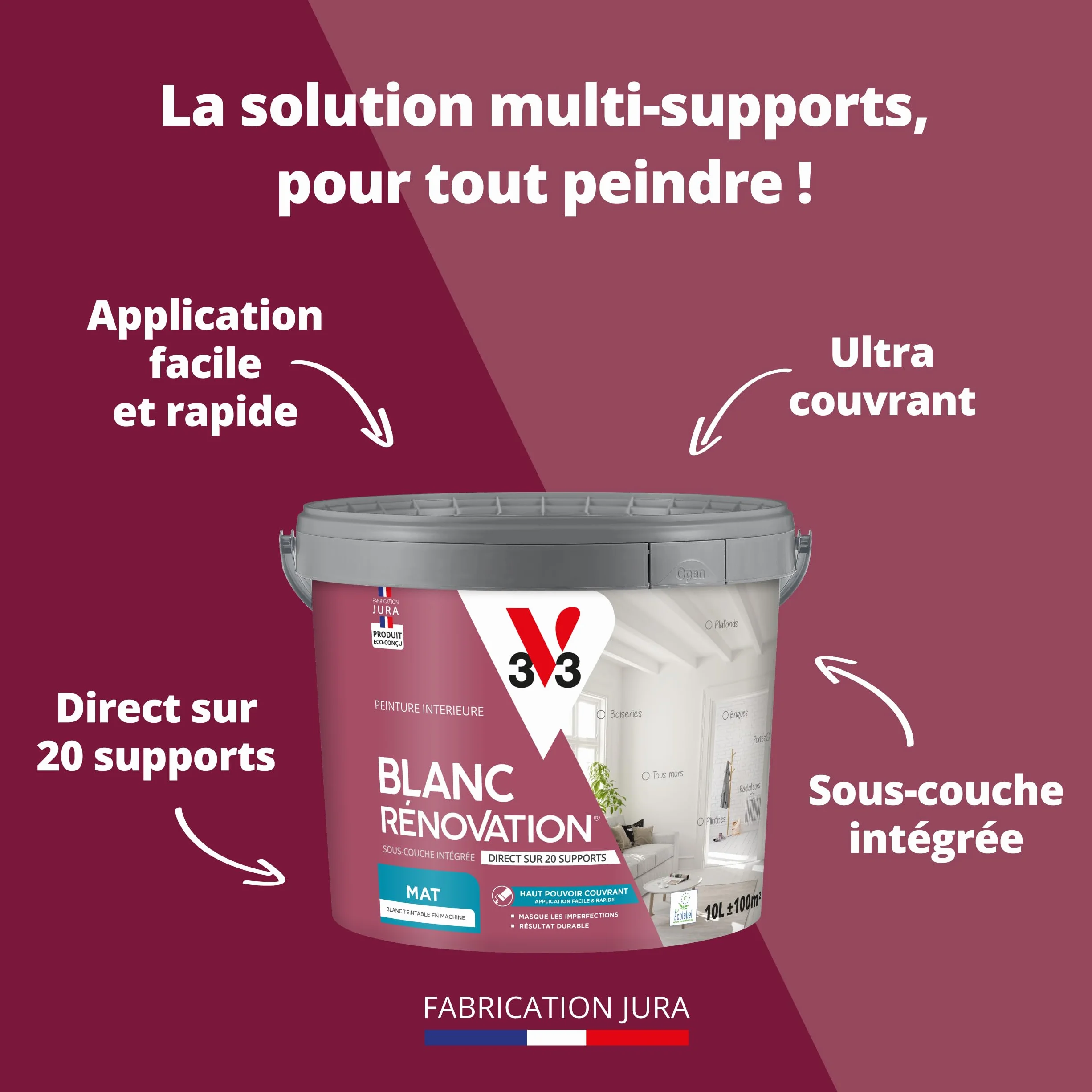 V33 Peinture blanche mur et plafond mat - multi-supports - monocouche - BLANC RENOVATION®, 5L